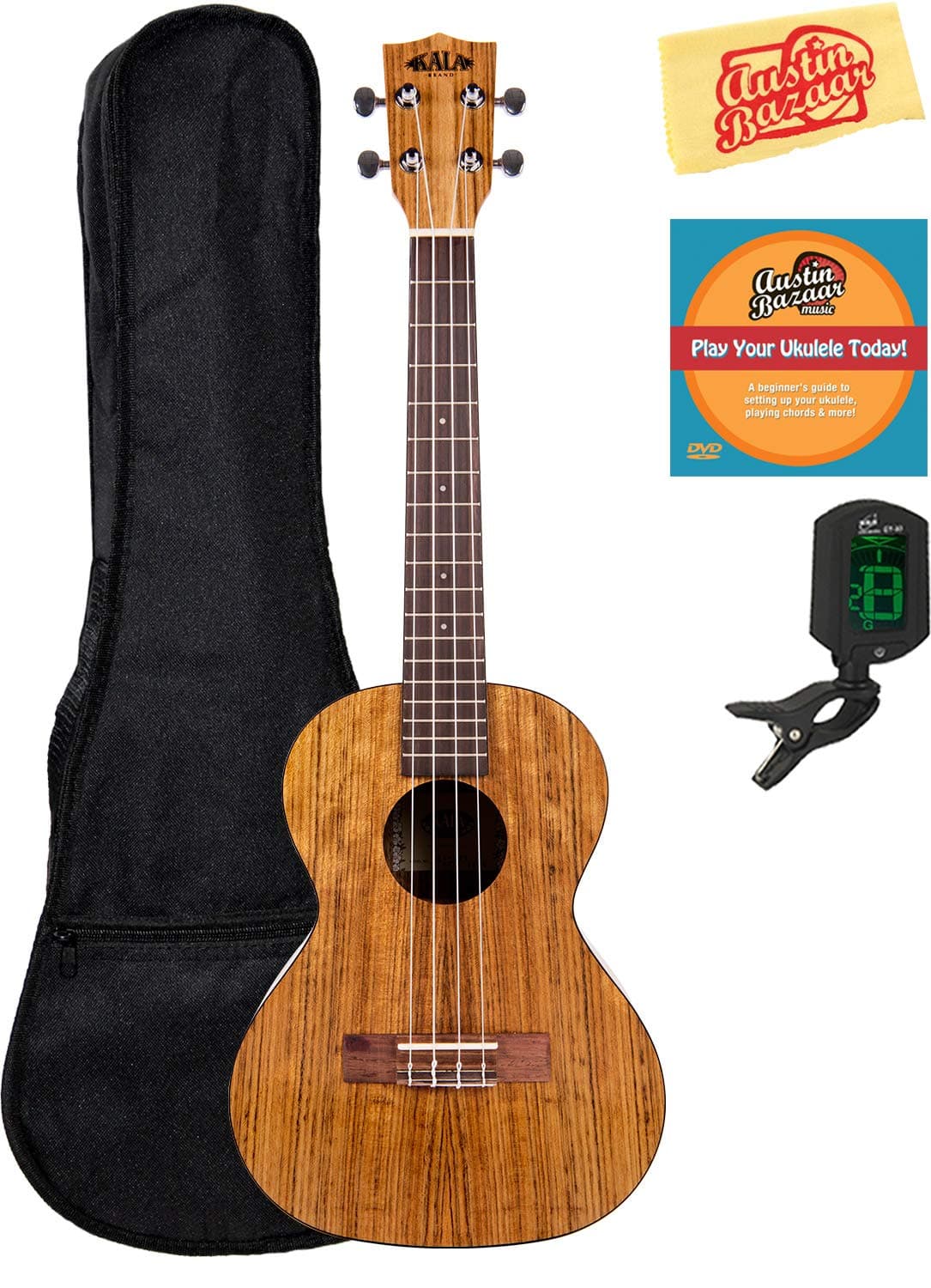 Kala KA-PWT Pacific Walnut Tenor Ukulele Bundle with Gig Bag, Tuner, Austin Bazaar Instructional DVD, and Polishing Cloth