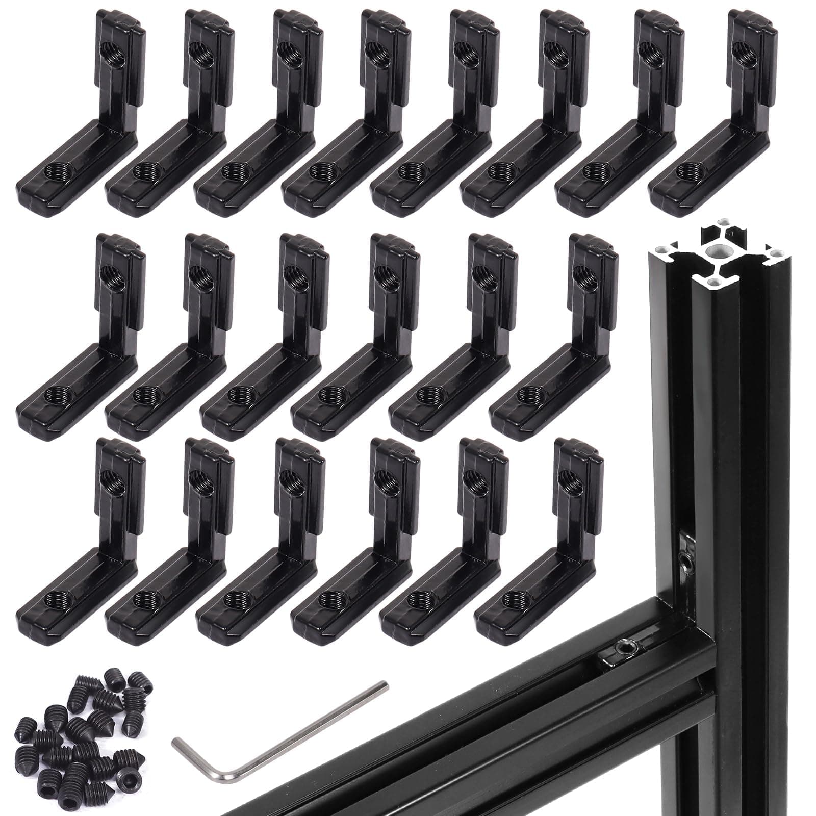 TERRIFI 2020 Series L-Shape Interior Inside Corner Connector, 20Pcs Black T Slot L-Shape Interior Joint, for Aluminum Extrusion Profile Slot Connector Set 6mm with 40 Screws&Wrench