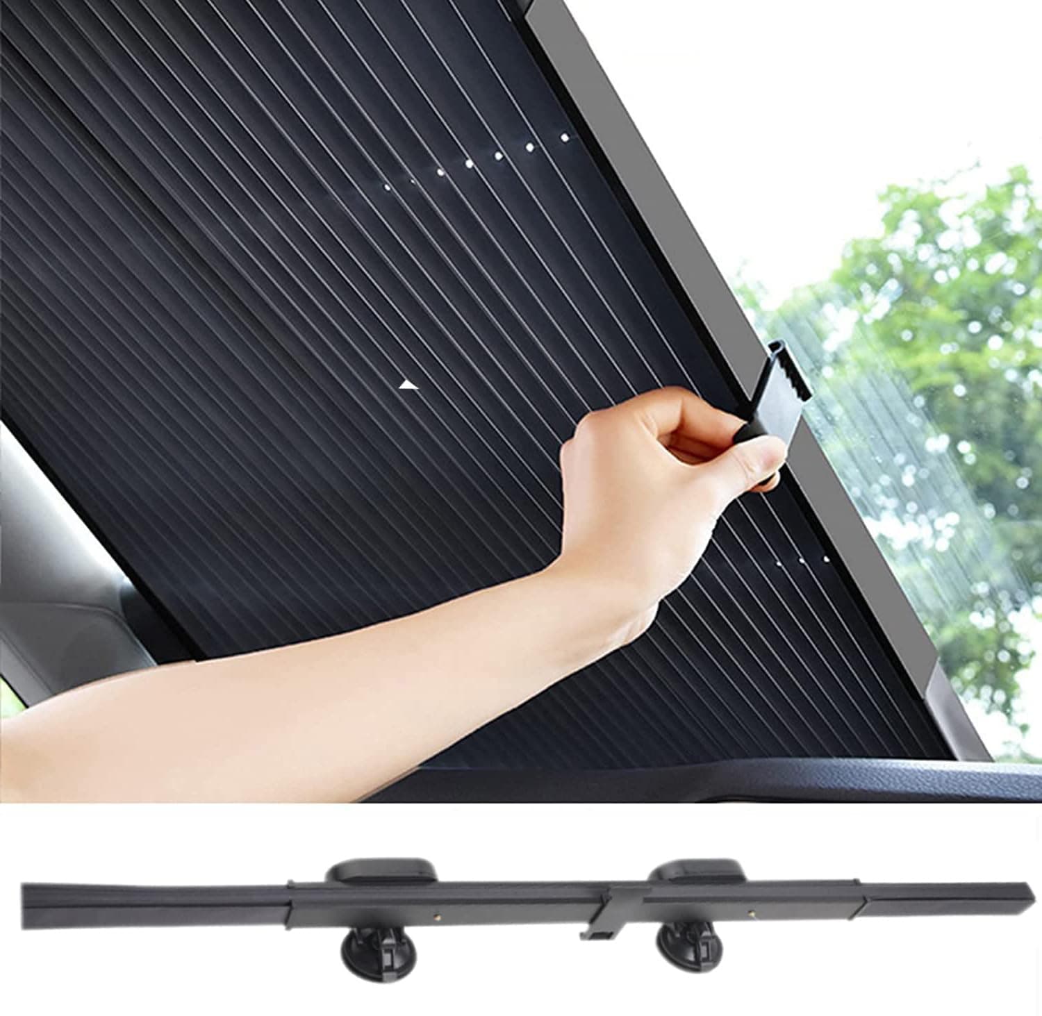 Retractable Windshield Sun Shade for Car, 65CM Large Foldable Sun Visor Protector, Blocks 99% UV Rays and Heat, Auto Sunshade Fits Front Rear Window with Double Suction Cups, Black