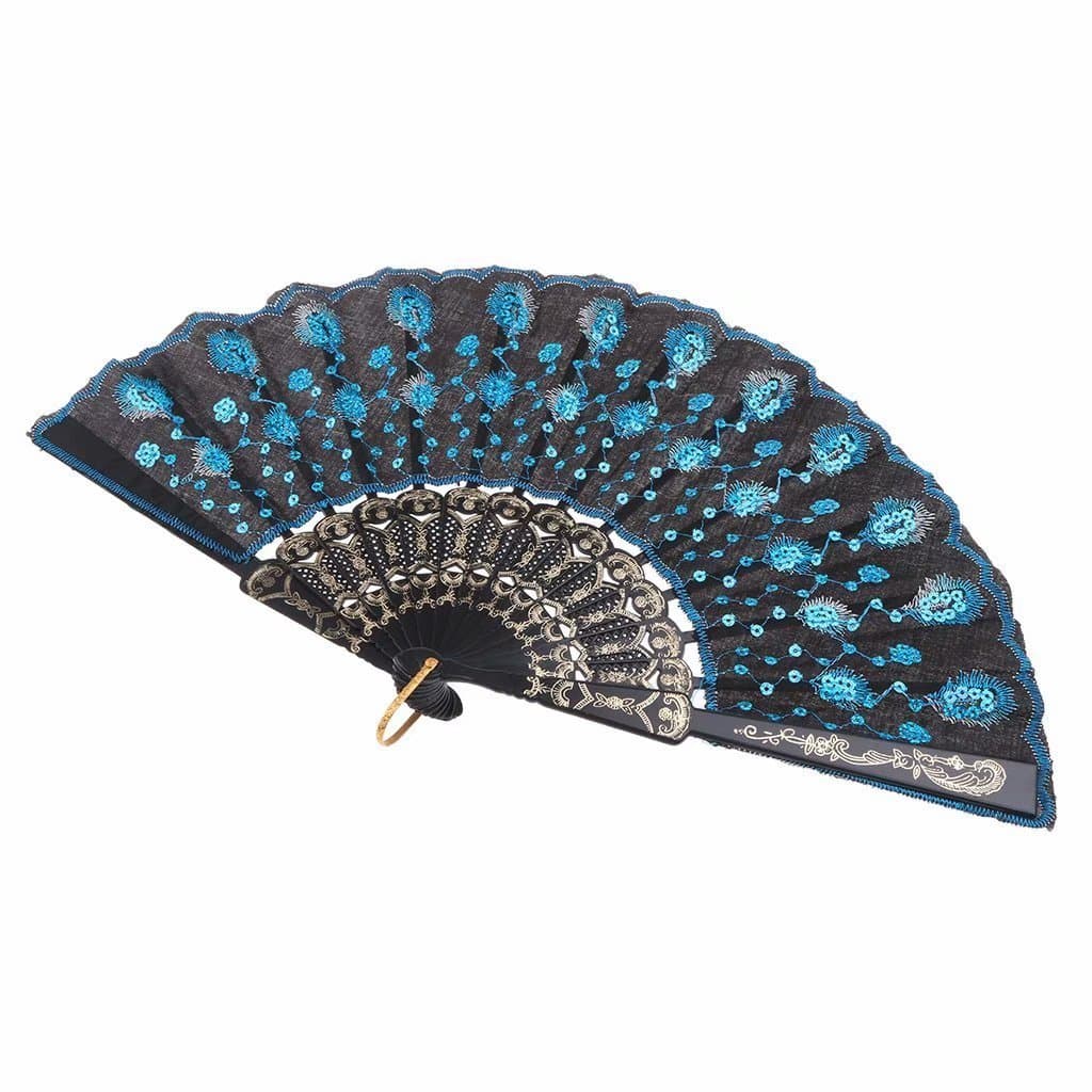 Embroidered Flower Pattern Black Cloth Folding Hand Fan
