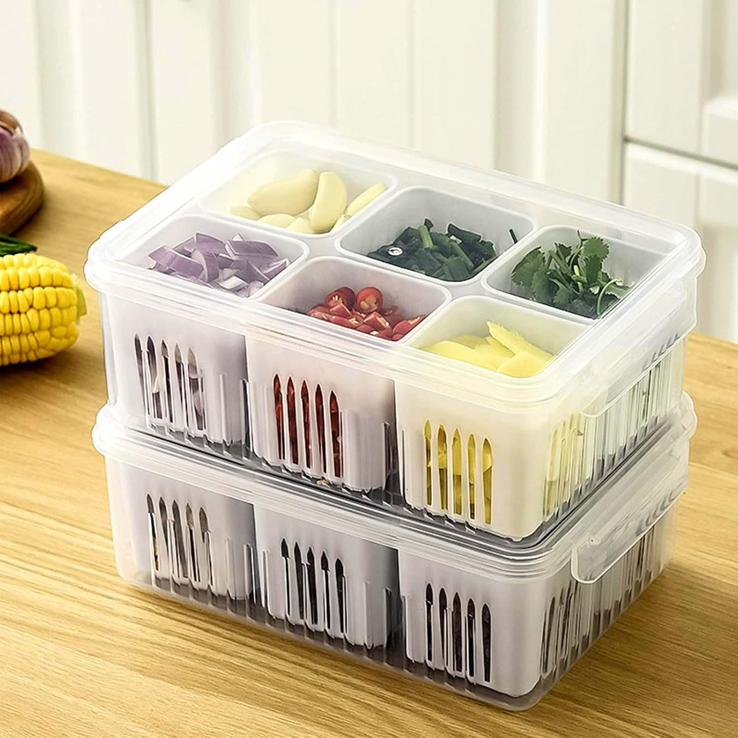 Premify Set of 2 Fridge Organizer, Fruit Vegetable Storage Containers with Lid & Colander for Kitchen| BPA-Free Plastic Fresh Keeper Set | for Salad Lettuce 6 Compartments in Each Box