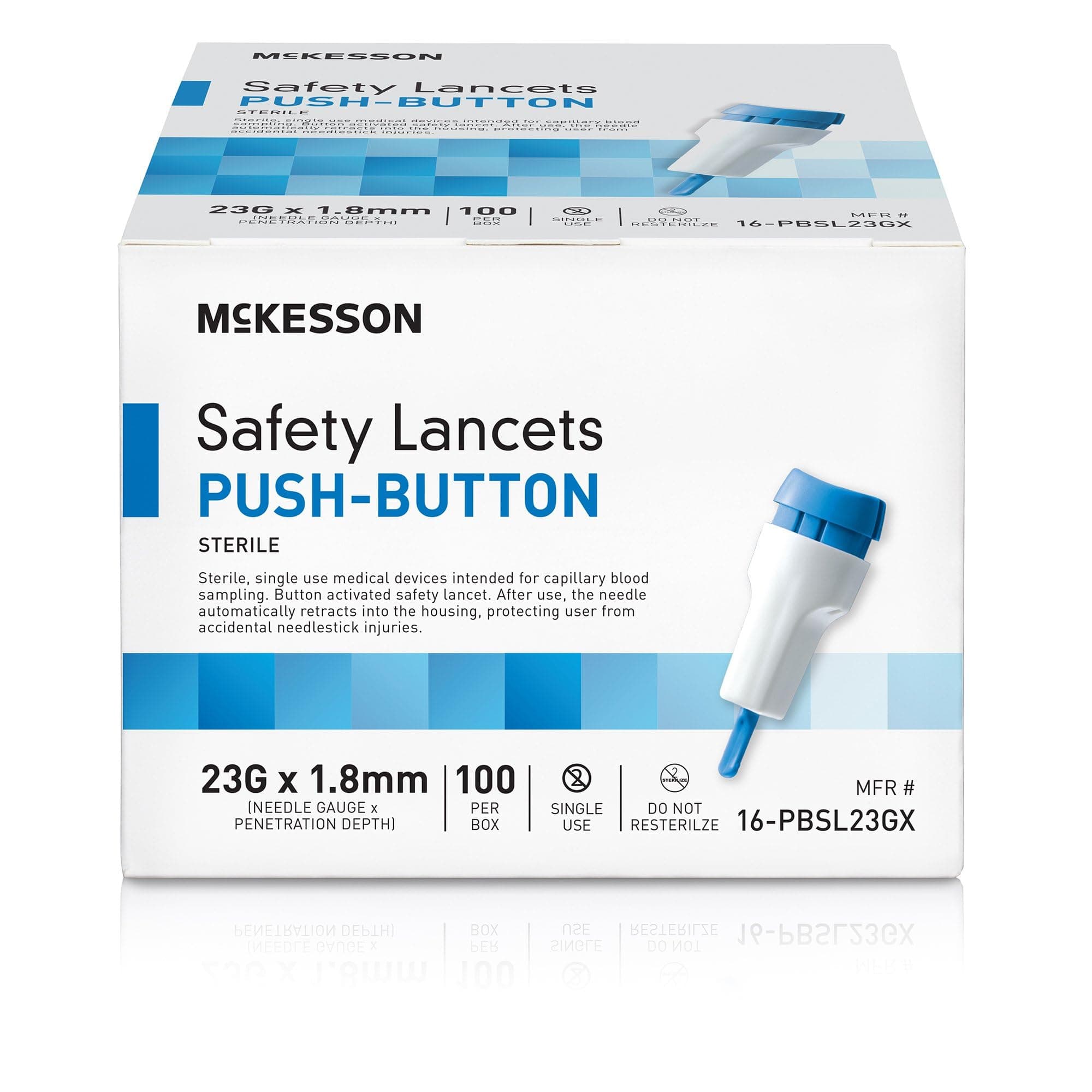McKesson Lancets for Diabetes Testing [100 Count] Lancing Device for Blood and Glucose Test, 23G x 1.8 mm, Push Button Activation, Sterile, Single Use