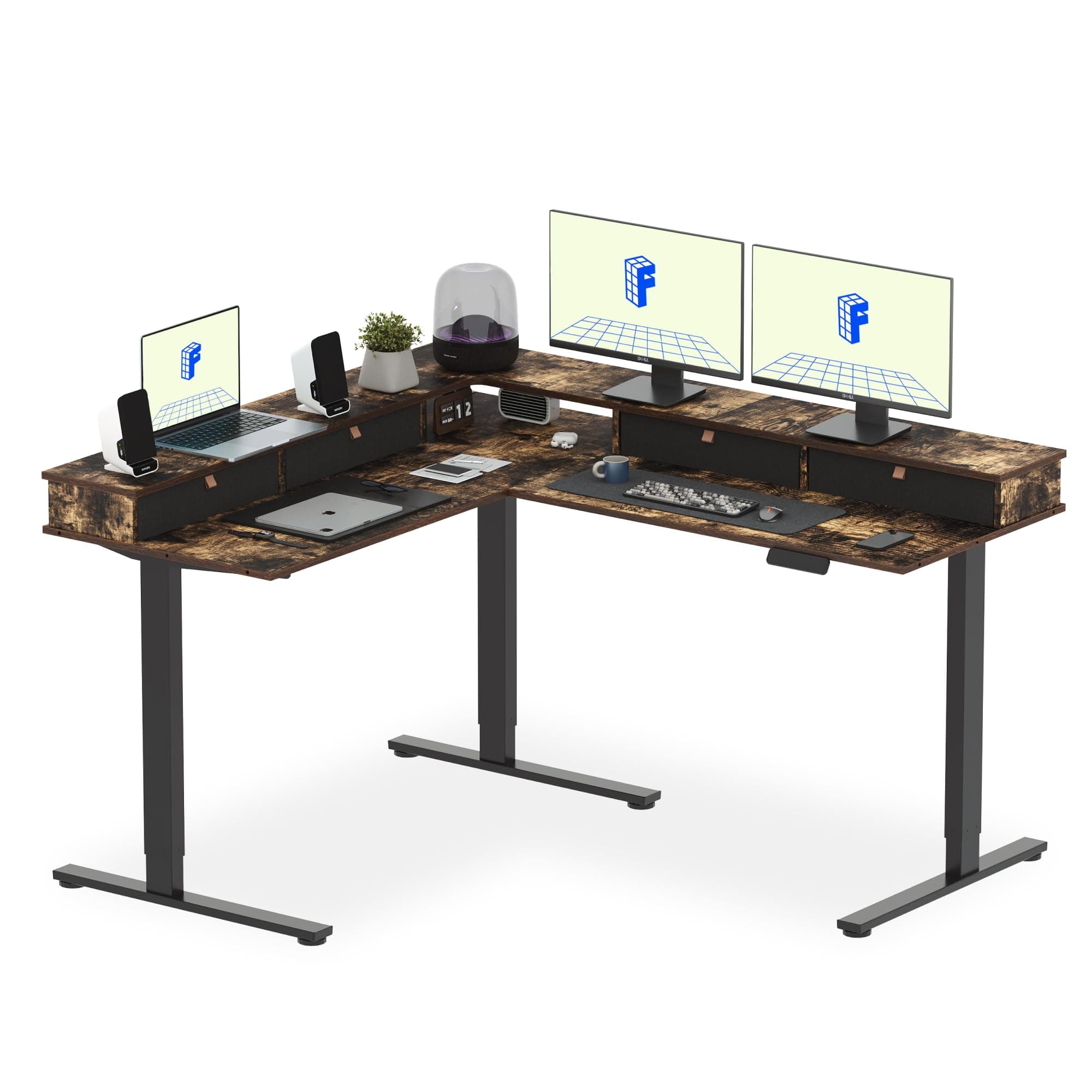 63" L Shaped Standing Desk Electric Corner Table with Shelf, 4 Storage Drawers, Adjustable Computer Workstation for Home, Office, Game, Studio, Rustic Brown Top + Black Frame