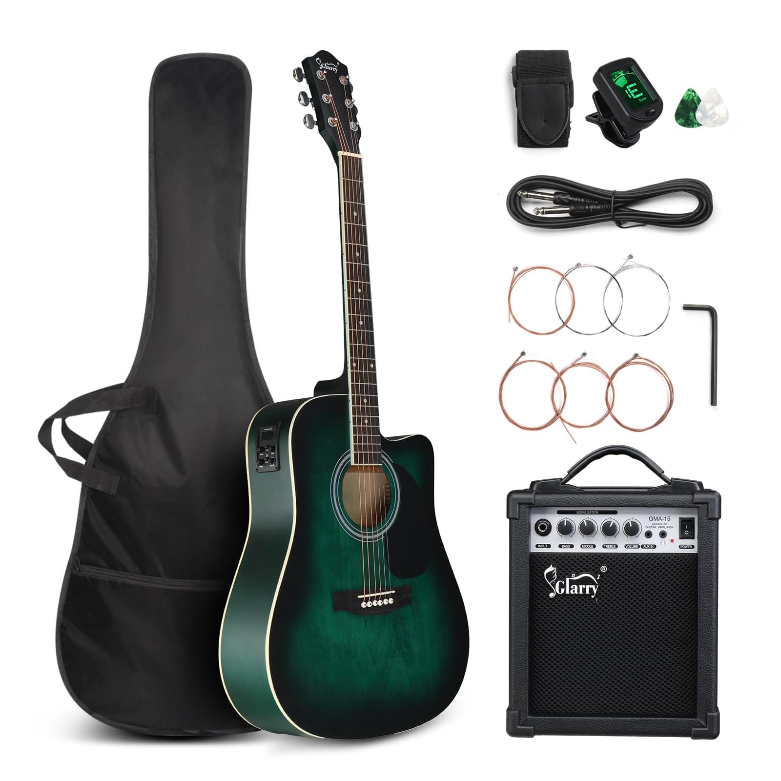 GLARRY Full Size 6 Strings Acoustic Electric Guitar Beginner Kit w/ 15W Amp, Cutaway 41 Inch Electric Acoustic Guitar w/Inbuilt Tuner, Bag, Strap, Picks, Strings, Basswood Guitarra, Distressed Green