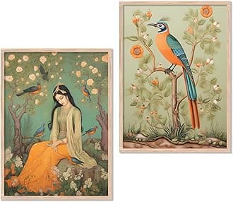 kotart Traditional Indian Wall Art Painting Set of 2 | Woman with Birds & Nature Theme | MDF Wooden Framed Wall Decor for Living Room, Bedroom & Home (Art 10, 10x13 inch)