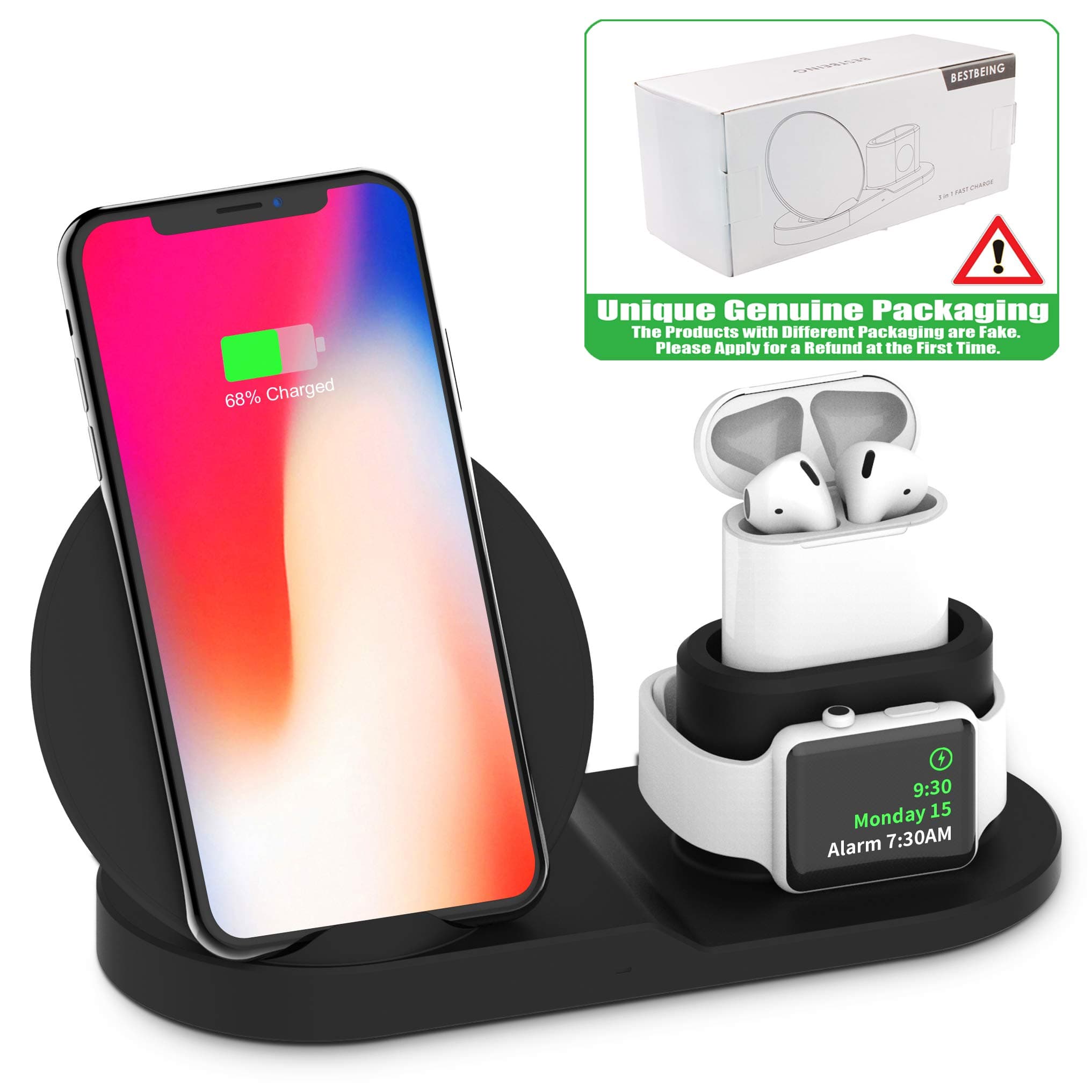 Wireless Charger, Compatible iph one Charger, 3-in-1 Replacement Charging Station for iph one Xs/X Max/XR/X/8/8Plus/Watch (A)