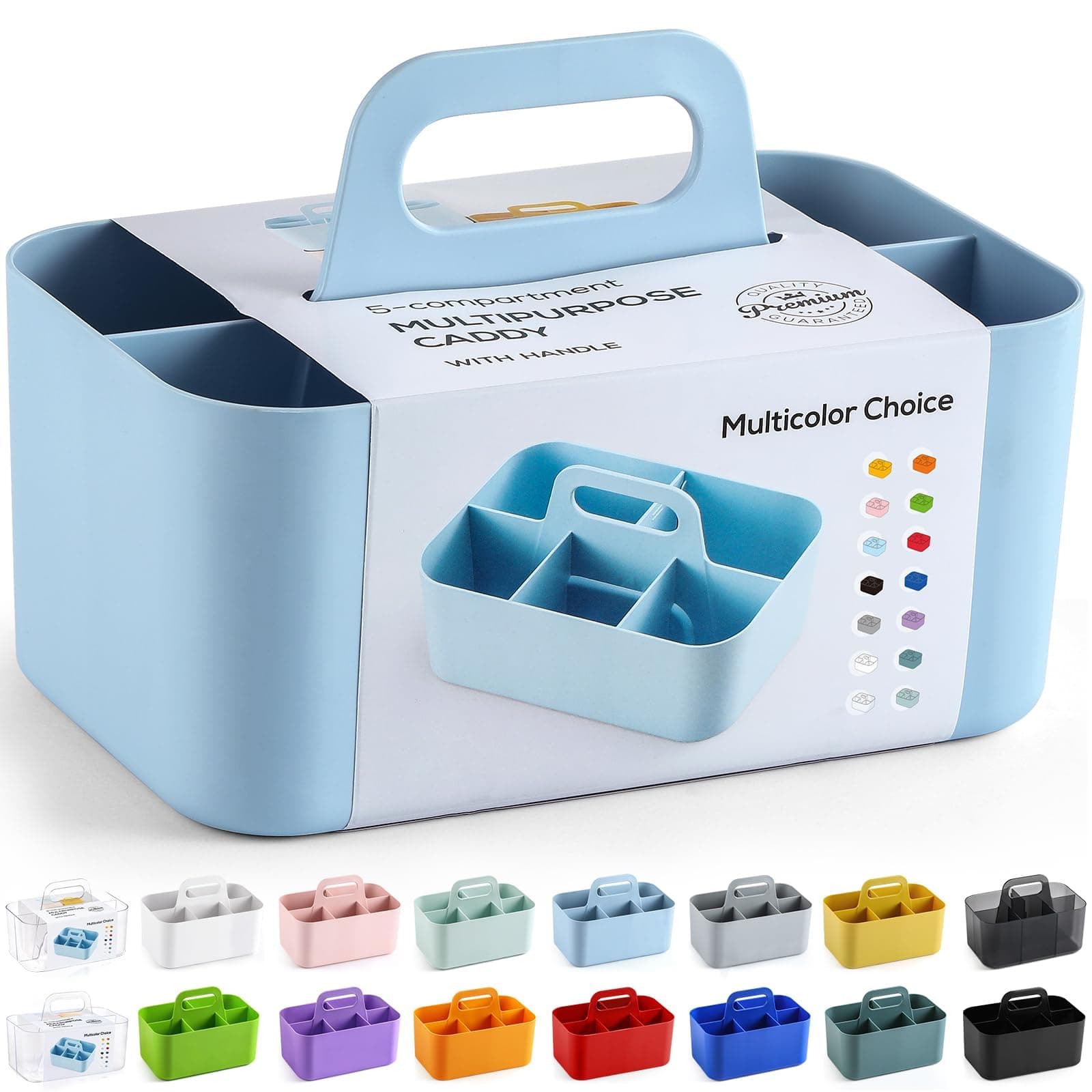 Multiuse Caddy Organizer with Handle, Portable Divided Plastic Tote Bin - Art Craft, Stationary Pen Marker Crayons, Makeup Hair Supplies Storage - Bathroom, Classroom, Dorm, Office, Desk Holder - Blue