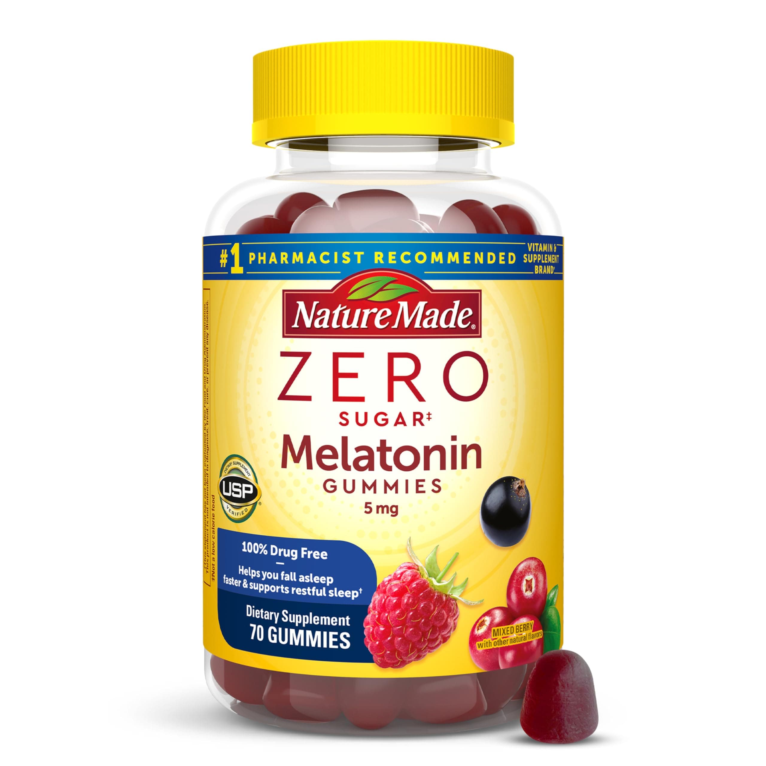 Nature Made Zero Sugar Melatonin 5mg Sleeping Gummies for Adults Extra Strength, 100% Drug Free Sleep Aid, Aspartame Free, 70 Sugar Free Melatonin Gummies, 70 Day Supply