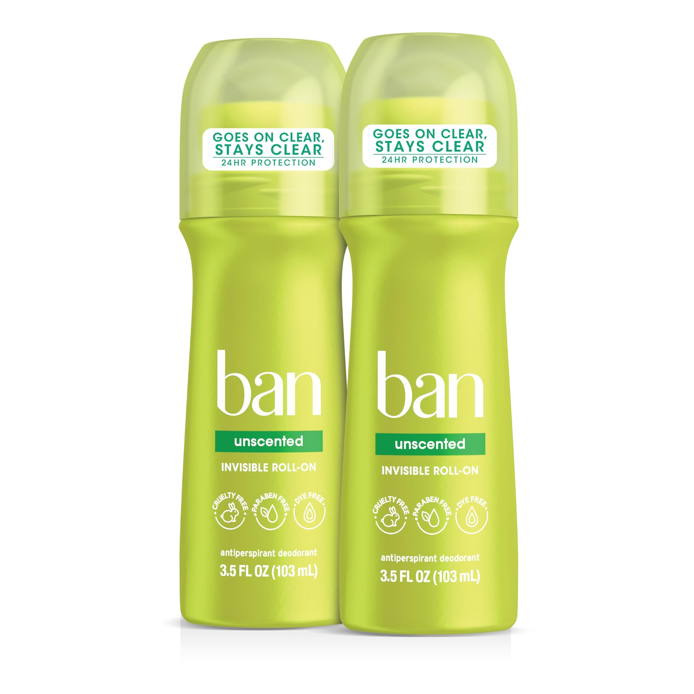 Ban Invisible Roll-on Antiperspirant Deodorant for Women and Men, 24-hour Underarm Odor & Sweat Protection, Unscented, 3.5 Oz, Pack of 2