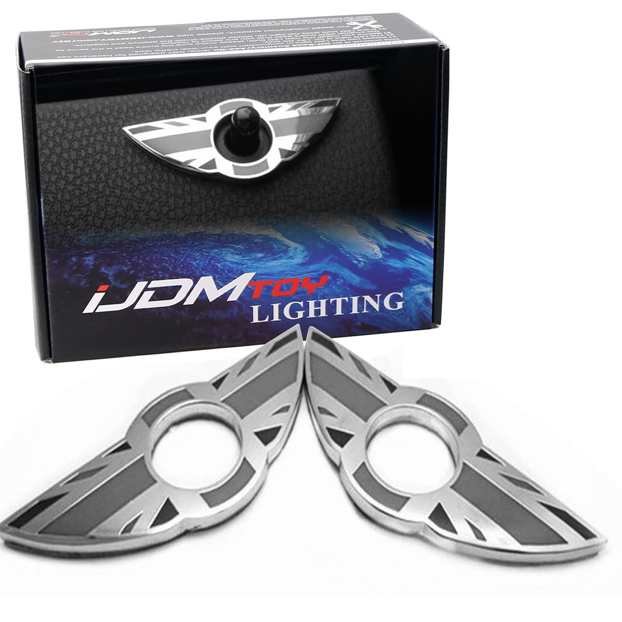 (2) Union Jack Style Wing Emblem Rings Compatible with MINI Cooper R55 R56 R57 R58 R59 Door Lock Knobs, Black/Grey UK Flag Design (Does not fit R60 R61 nor F55 F56 Models)