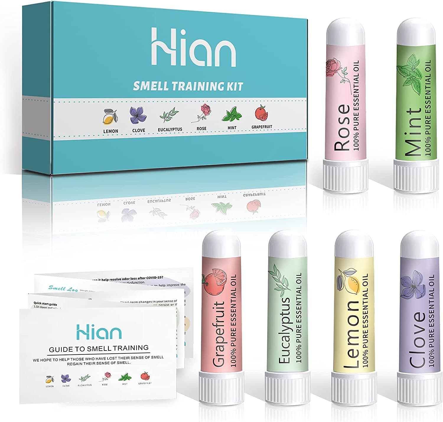 Hion Smell Training Kit, 6 Essential Oils, Olfactory Training Kit Helps Regain Your Sense of Smell, Lemon Mint Rose Grapefruit Clove Eucalyptus Essential Oils with Smell Training Guidebook