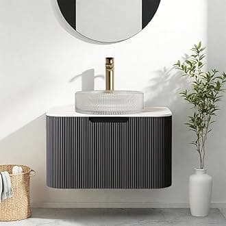 24 Inch Floating Bathroom Vanity with Sink, Modern Bathroom Cabinet with Round Crystal Glass Basin and Ultra-Thin Marble Top, Extra Large Storage Drawer, Soft-Close Design, Gloss Black