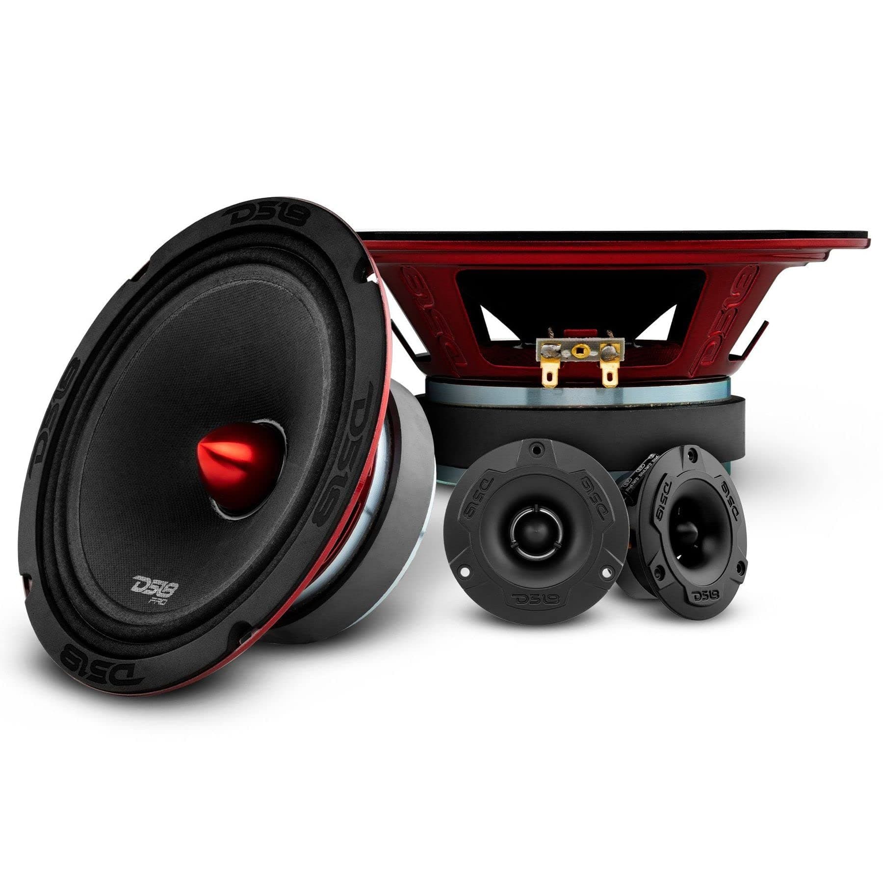 DS18 Mid and High Car Speaker Package - 2X 6.5" Midrange, 2X 1" Tweeters, Built-in Crossover