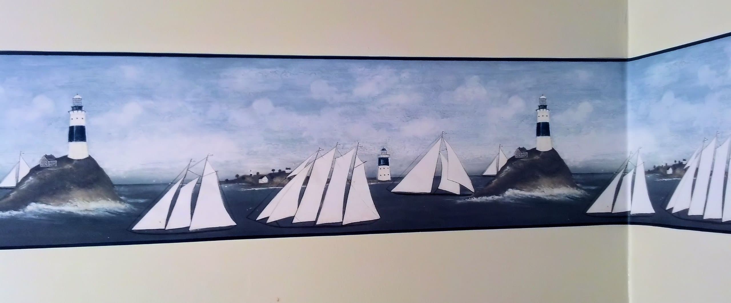 Lighthouse and Sailboats Primitive Wallpaper Border…