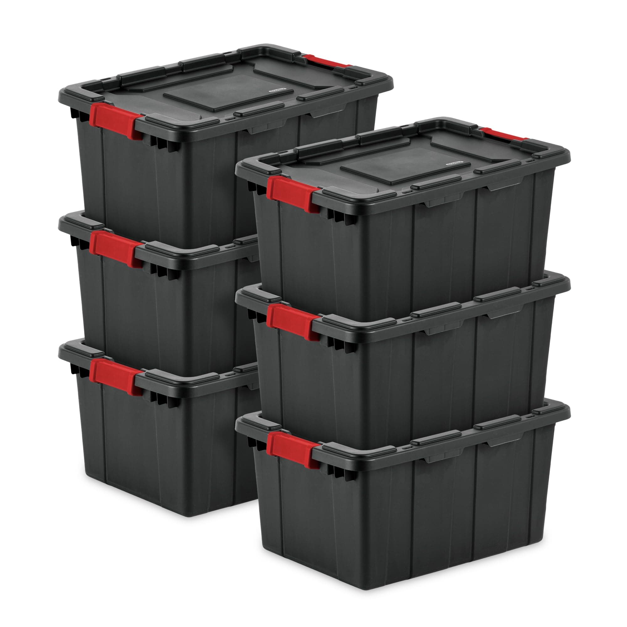 15 Gal Industrial Tote, Stackable Storage Bin with Latching Lid, Plastic Container with Heavy Duty Latches, Black Base and Lid, 6-Pack