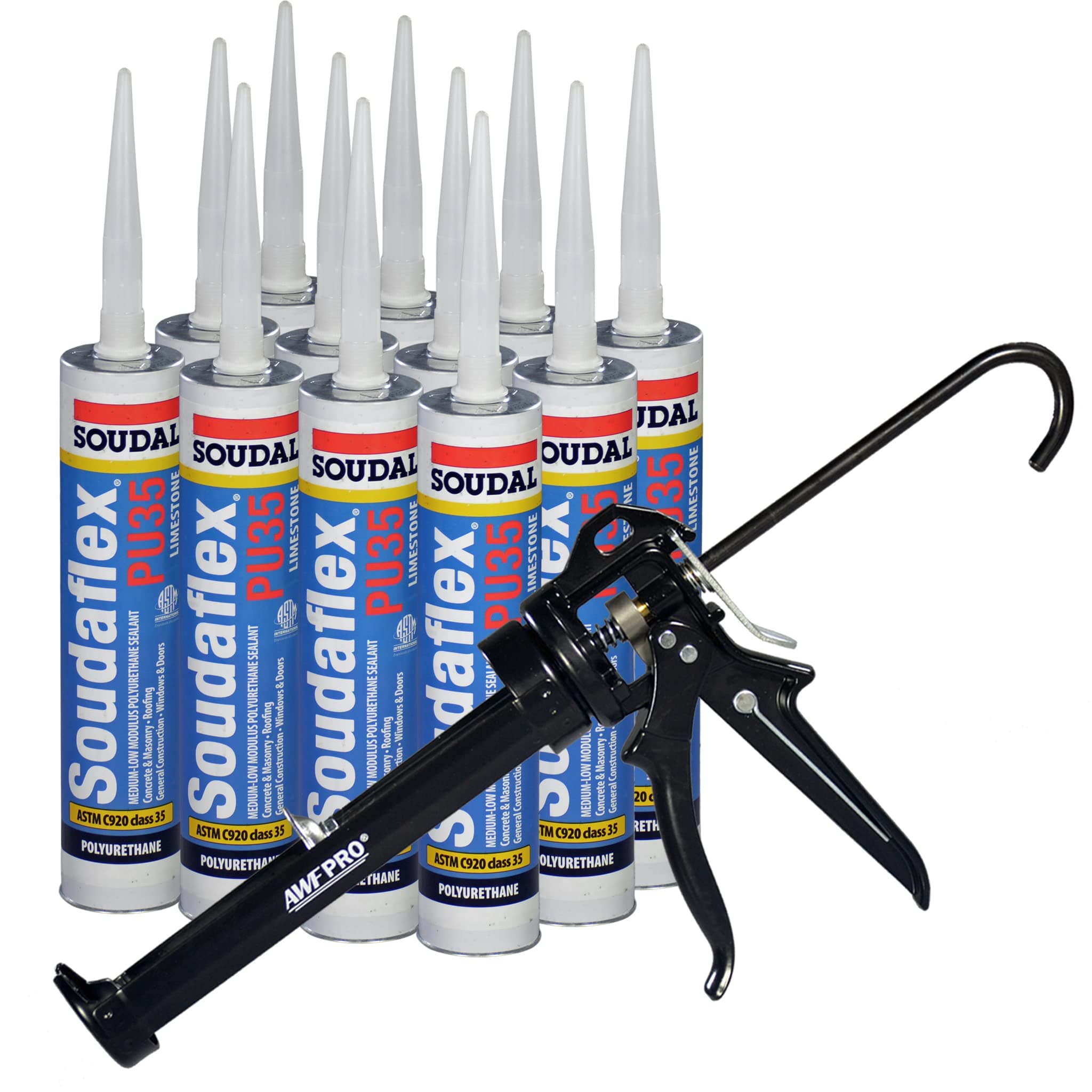 Soudaflex PU35 Polyurethane Premium Grade High Performance Elastomeric Sealant, 10.1 oz Capacity. Limestone, Case of 12. One Component, Flexible, Non-Sag. Applicator Gun Included