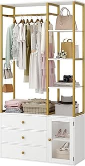 Closet System Organizer, 81.3” H Wardrobe Closet with 3 Wooden Drawers, Clothes Rack with Hanging Rods, 4 Tiers Shelves, Metal Frame, White and Gold