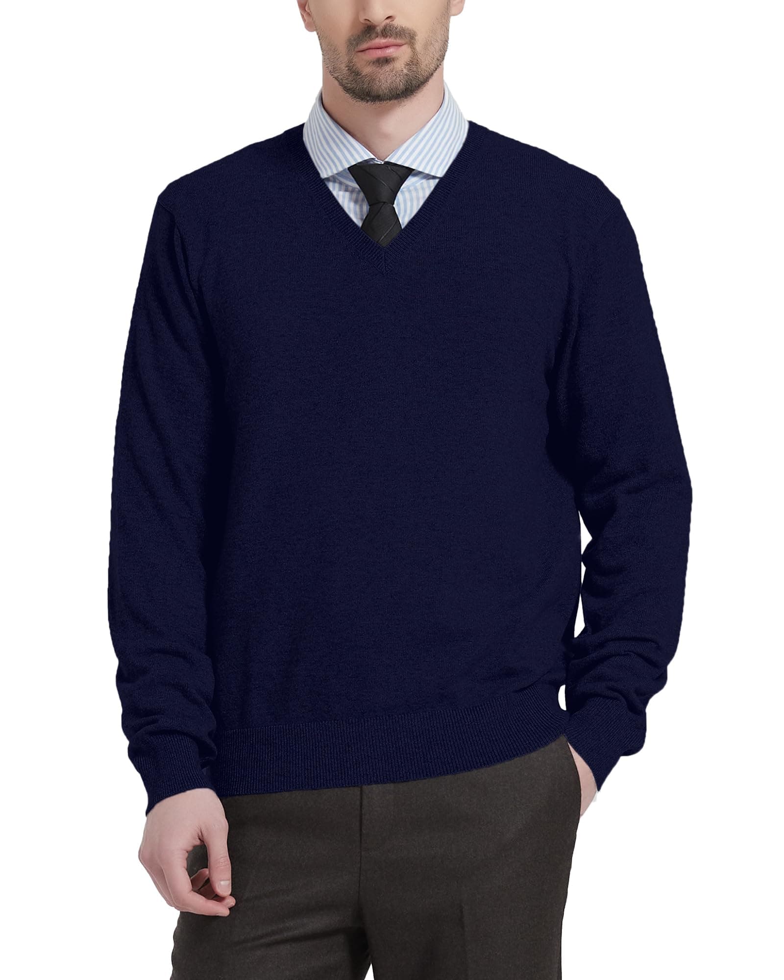 Kallspin Men's Pullover Sweater Wool Blend V-Neck Relax Fit Knit Pullover