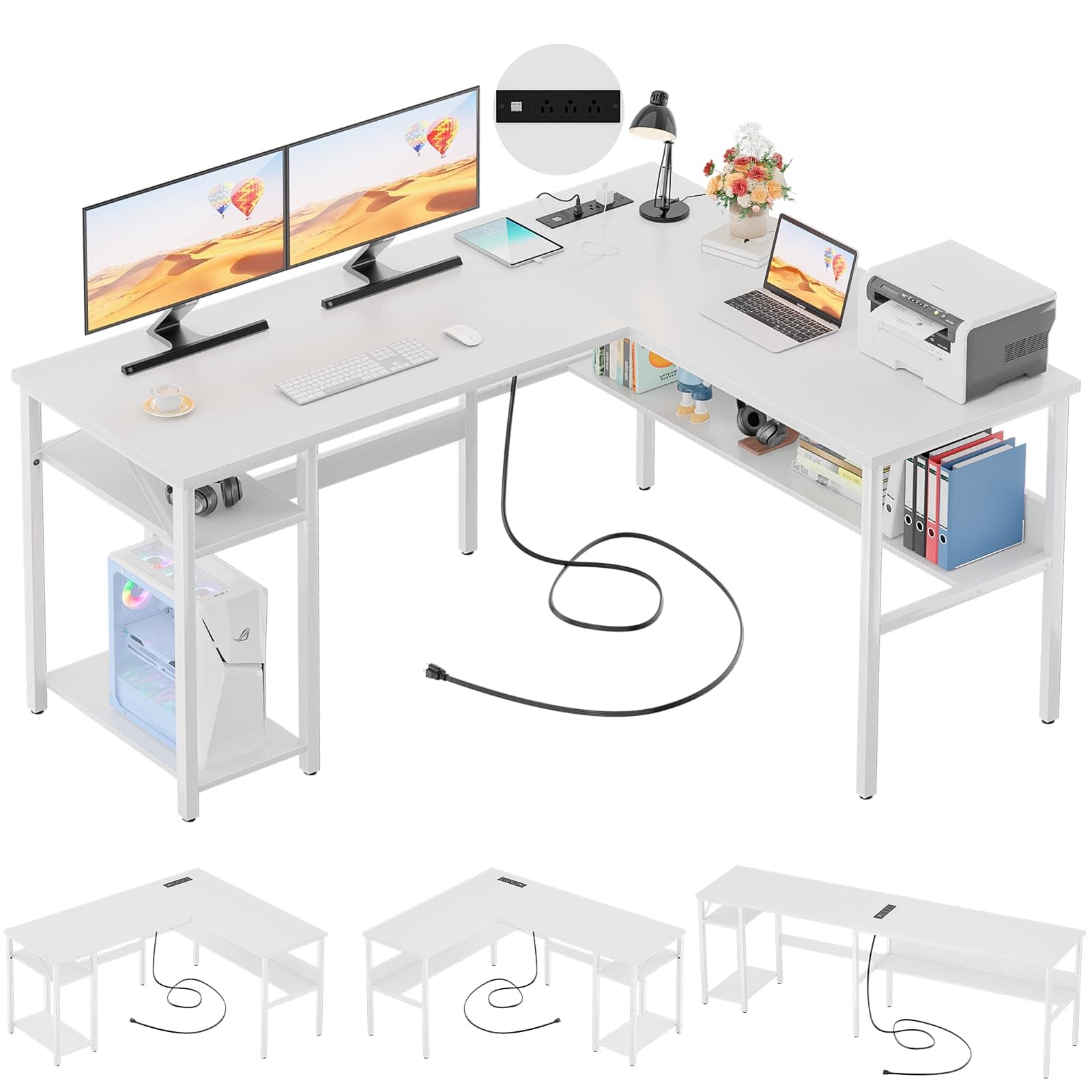Unikito Reversible L Shaped Computer Desk with Magic Power Outlets and USB Charging Ports, Sturdy Corner Desk with Storage Shelves, Durable Work Desk for Home Office, Easy to Assemble, White