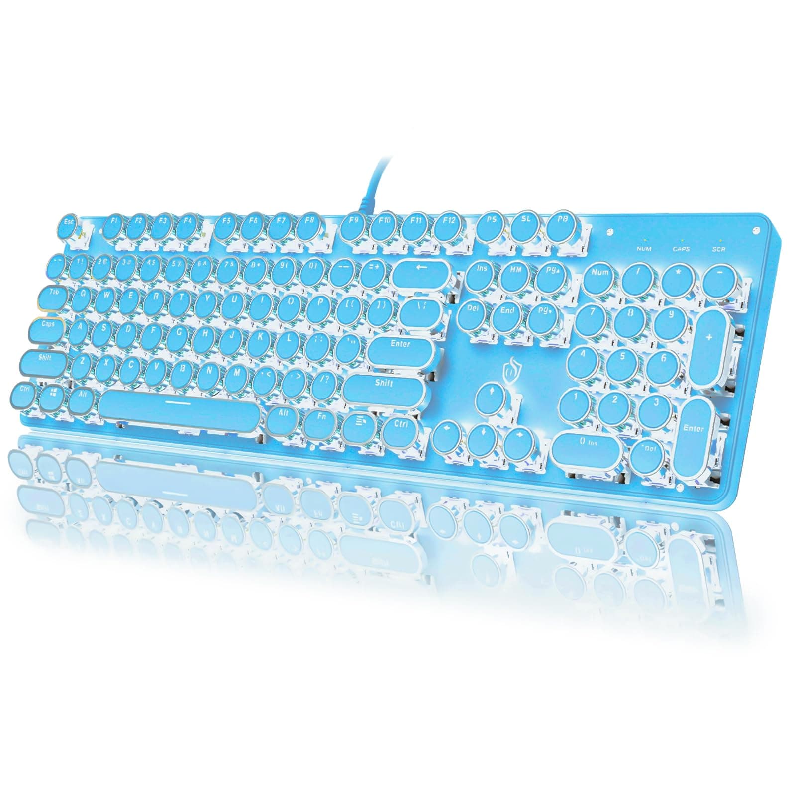 Typewriter Style Mechanical Gaming Keyboard White Backlit Wired with Blue Switch Retro Round Keycap 104 Keys Keyboard (Blue)
