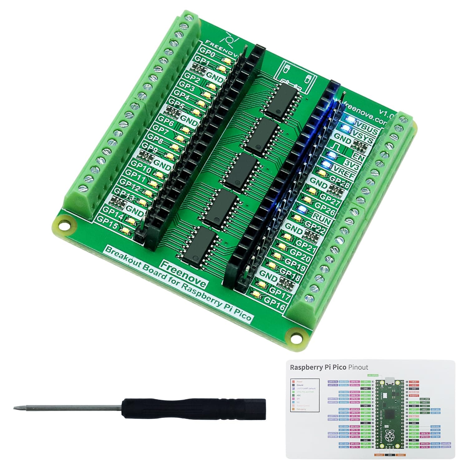 Freenove Breakout Board for Raspberry Pi Pico 1 2 W H WH, Terminal Block Shield HAT with Pin Header, GPIO Status LED