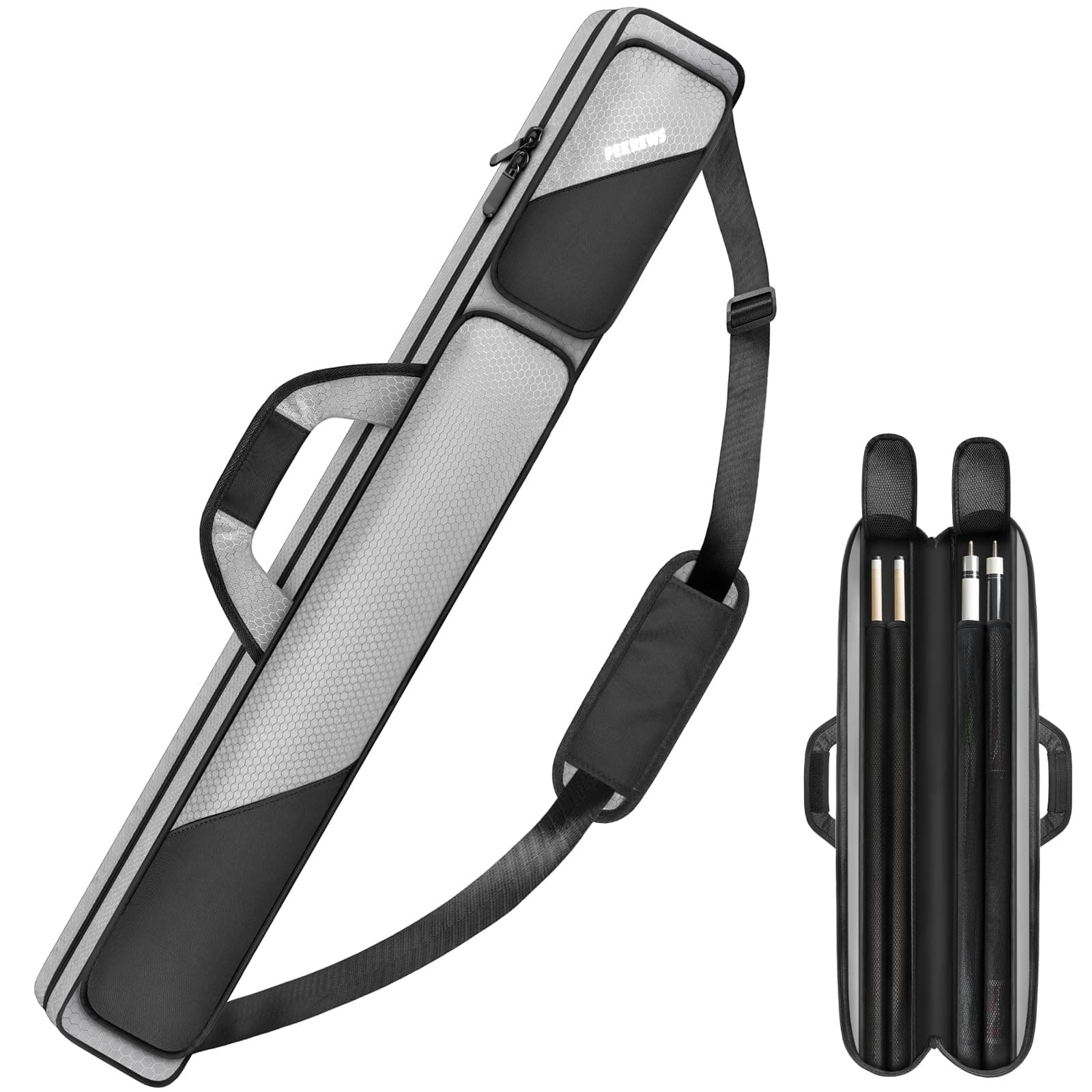 Pool Cue Case 2x2, Pool Stick Case Holds 2 Sticks with 2 Accessory Zipper Pockets, Sturdy Polyester Pool Cue Carry Bag with Shoulder Strap Handle, Soft Billiard Cue Backpack for Men and Women
