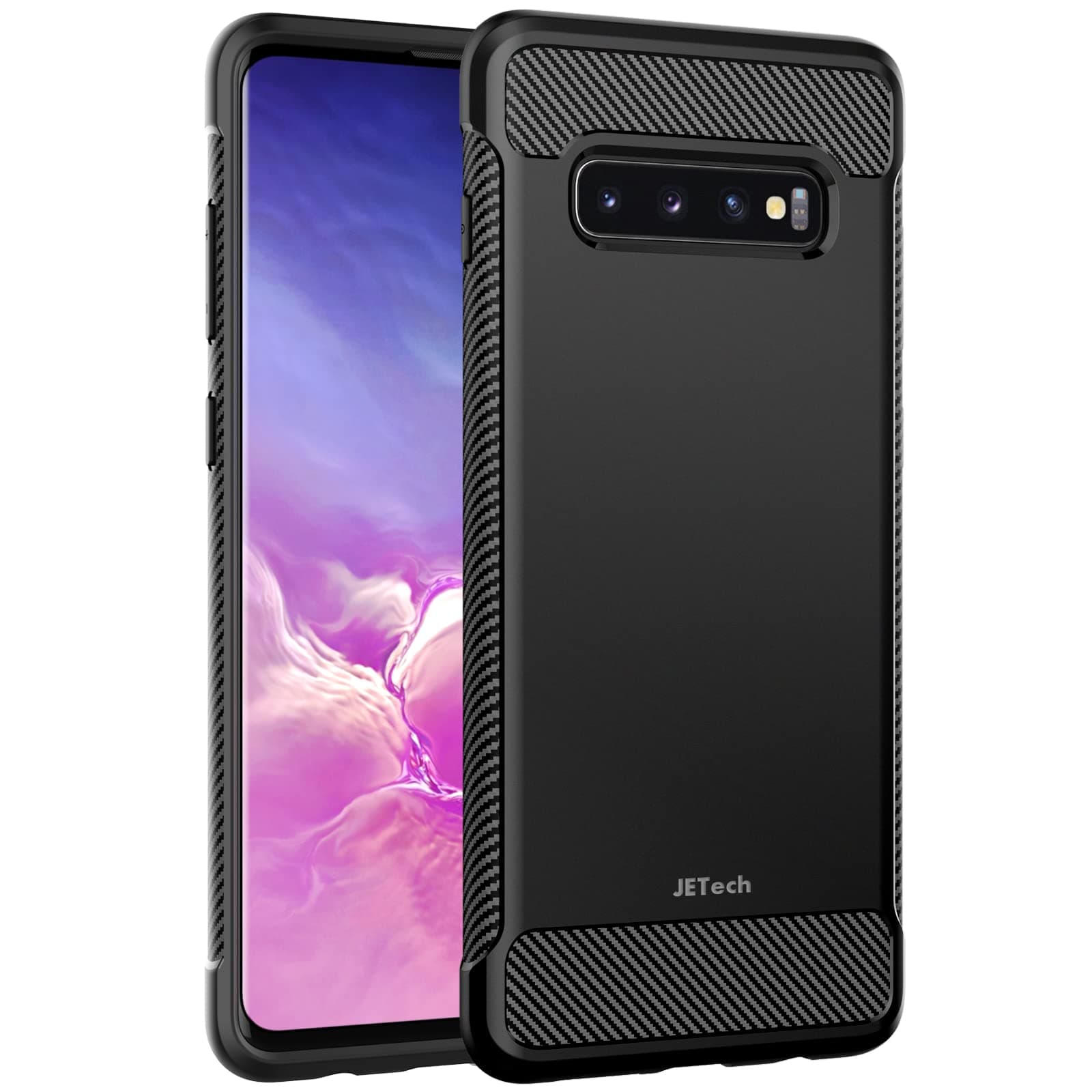 Slim Fit Case Compatible with Samsung Galaxy S10 Plus S10+, Thin Phone Cover with Shock-Absorption and Carbon Fiber Design, Black