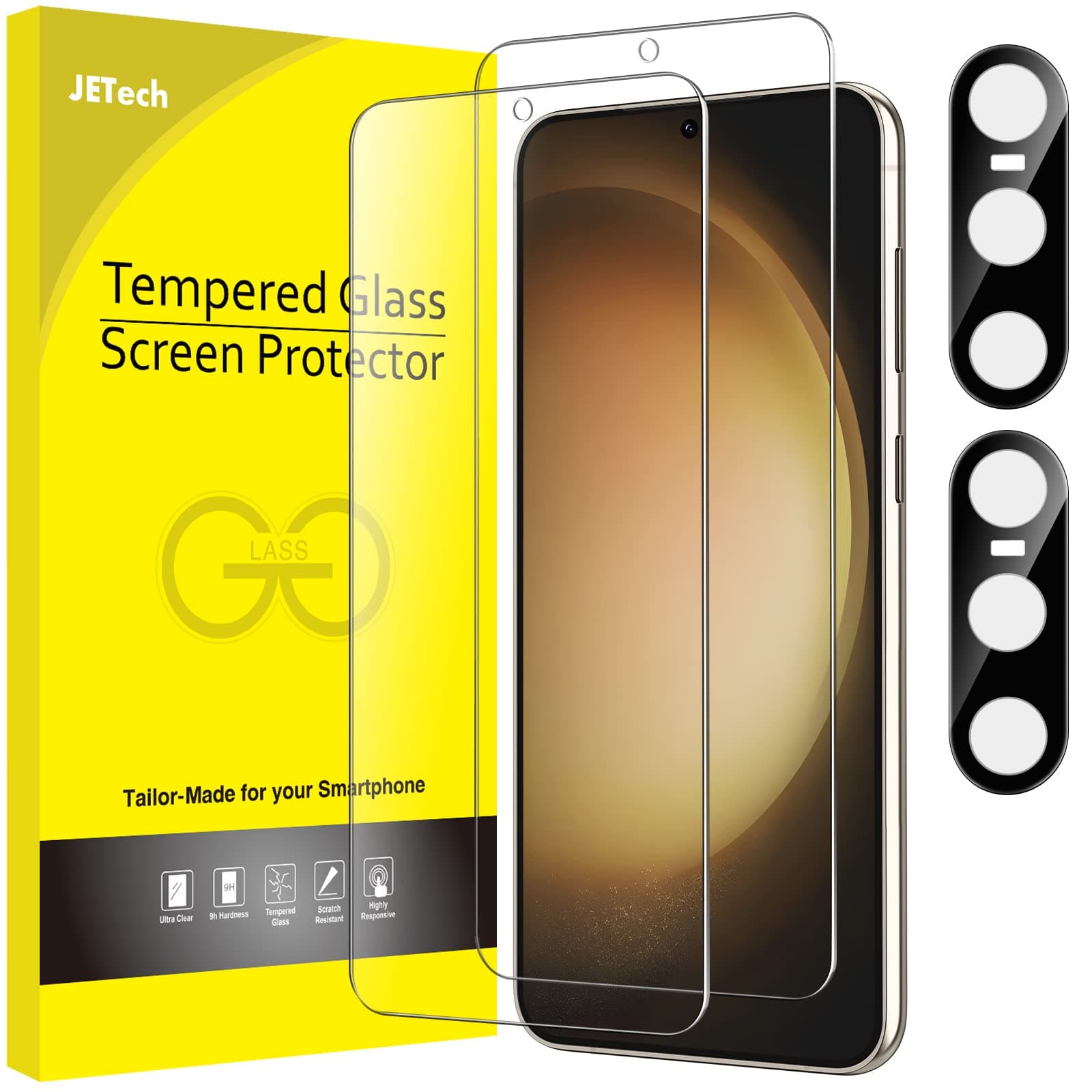 JETech Screen Protector for Samsung Galaxy S23 5G 6.1-Inch with Camera Lens Protector, Tempered Glass Film, Fingerprint ID Compatible, HD Clear, 2-Pack Each