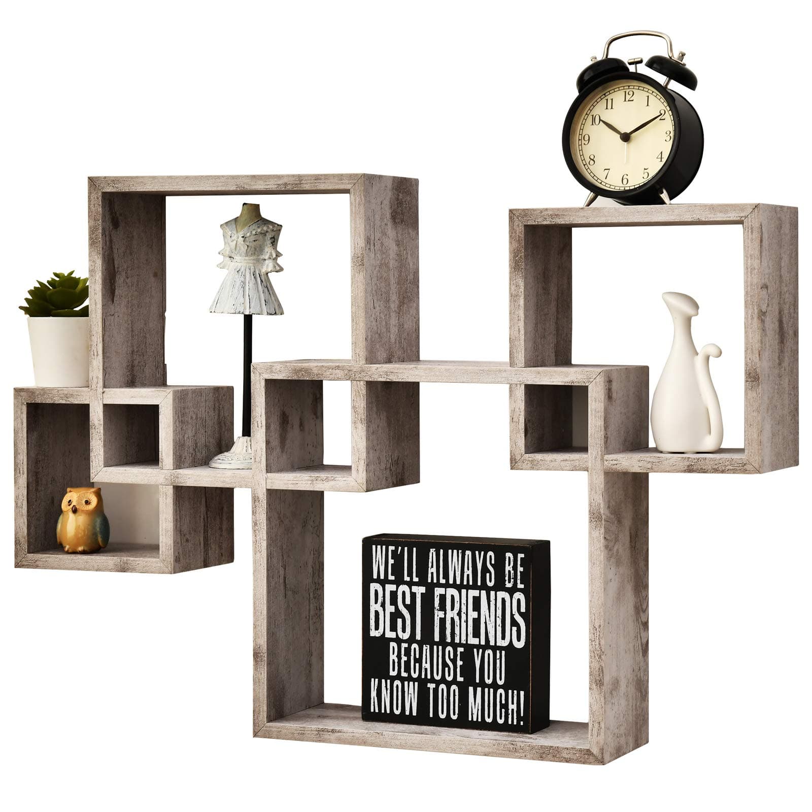 Greenco 4 Cube Intersecting Shelves, Easy-to-Assemble Floating Wall Mount Shelves for Bedrooms and Living Rooms, Rustic White Finish