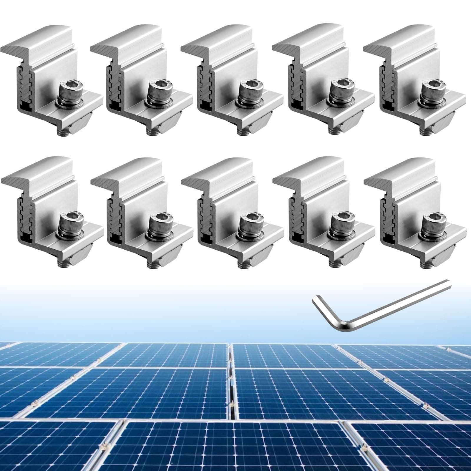 Anbte 10PCS Solar Panel End Clamp 30-50mm Adjustable, Z Brackets for Solar Panels Include 10 Screws M8, Aluminum Rail End Clamps for Solar Panel PV Mounting System, Silver