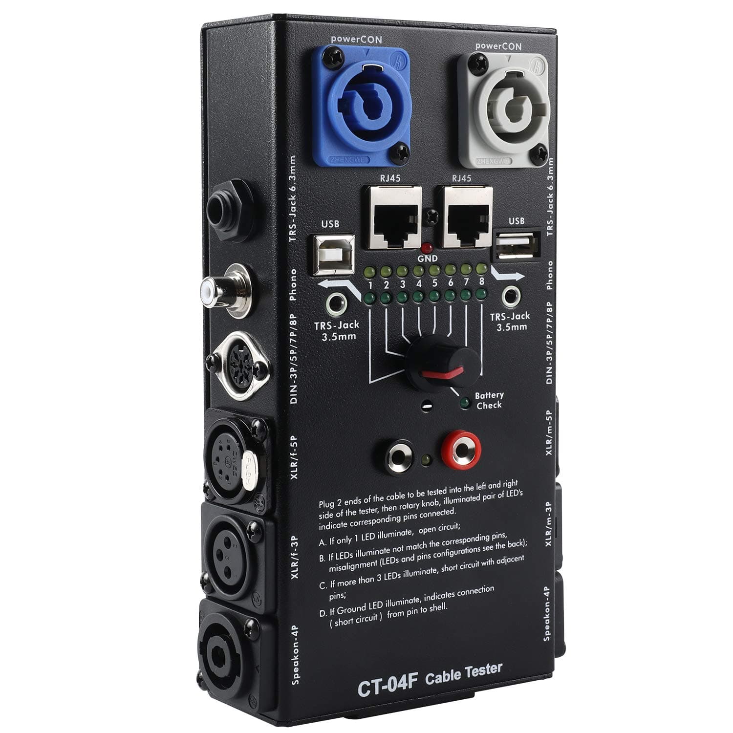 13-Plug Audio Cable Tester Line Finder Black 13-in-1 Cables Checker 8-Way Switch Wire Tracker with LED Indicators, Rectangular