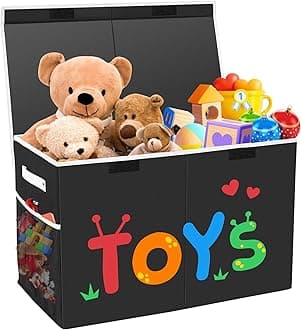 Large Toy Box with Lid, Collapsible Sturdy Collapsible Sturdy Toys Storage Organizer Chest Bin Basket for Kids, Boys, Girls, Closet, Playroom, Bedroom, Nursery, 25"x13"x16", Black