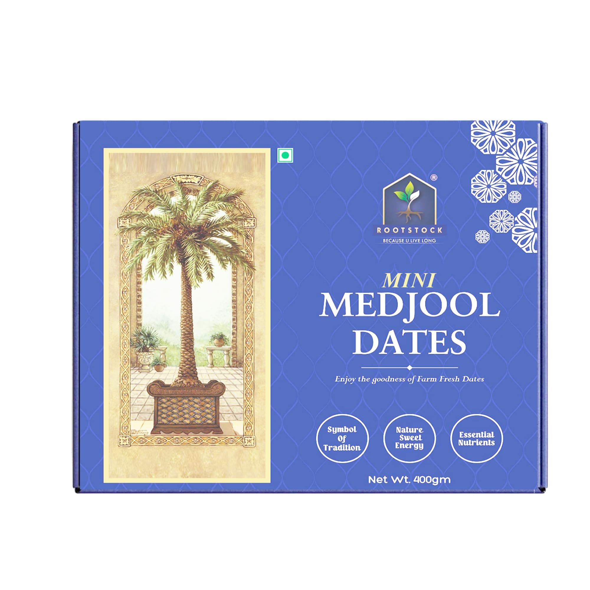 ROOTSTOCK BECAUSE U LIVE LONG Mini Medjool Dates 400gm, Premium Khajoor/Khajur Dates in Fresh, Naturally Sweet and Soft, Rich in Fiber and Antioxidants, Perfect for Snacks and Weight Management
