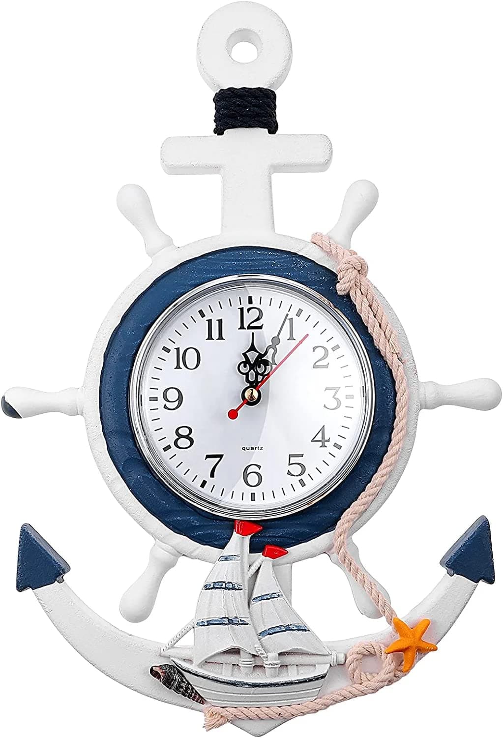 Wall Clock, Mediterranean Style, Nautical Hanging Clock, Creative Nautical Anchor Ship, Wall Decoration for Living Room Bedroom Home Office, Decorations Gift, Clock Wall (Helmsman)