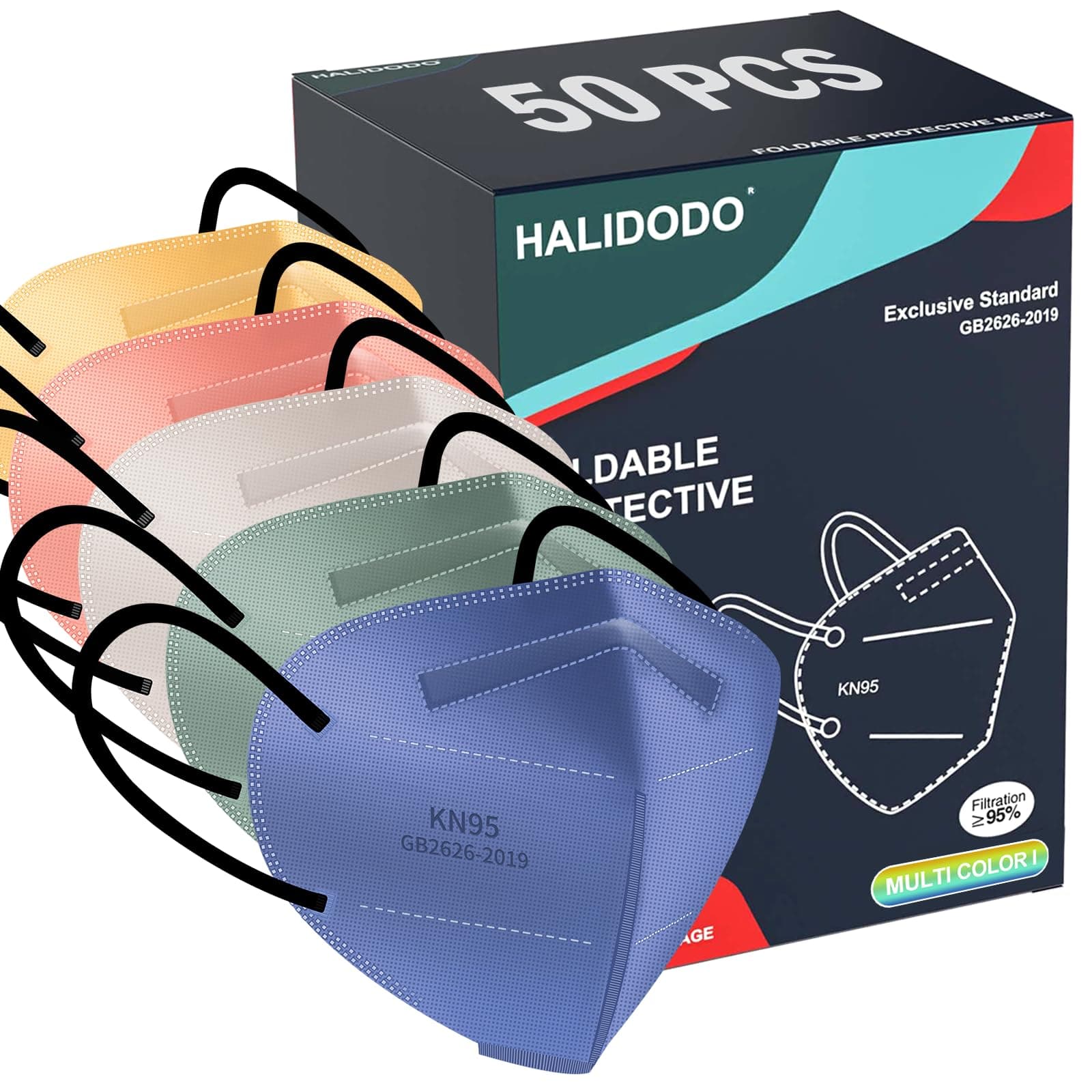 HALIDODO Face Mask 50 Pack Breathable 5-Layer Filter Efficiency≥95%