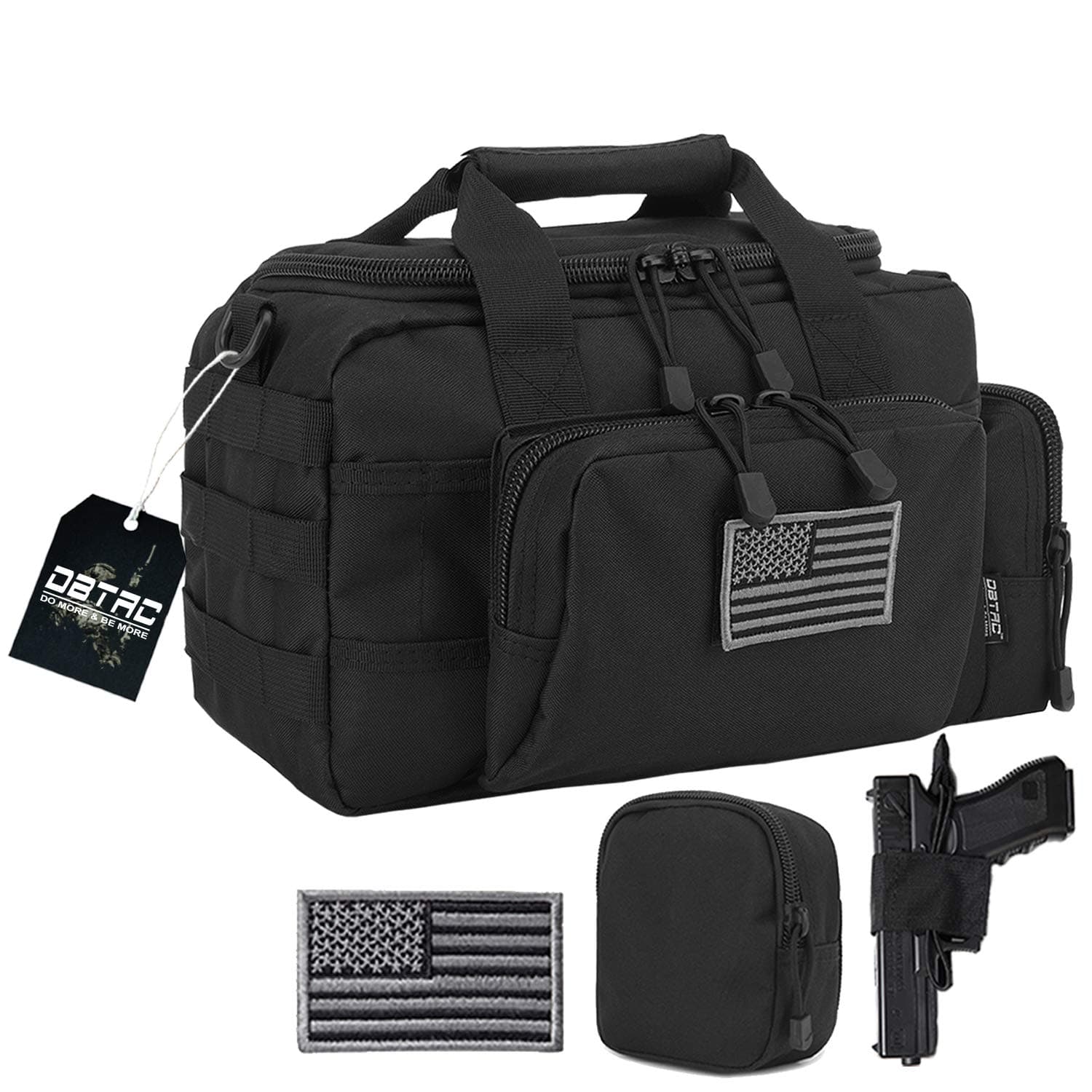 DBTAC DO MORE & BE MORE Gun Case Bag Small | Tactical 2-Pistol Bag Handgun Duffle Bag with Lockable Zipper for Shooting Range Outdoor Hunting | US Flag Patch + MOLLE Pouch + Universal Holster Included