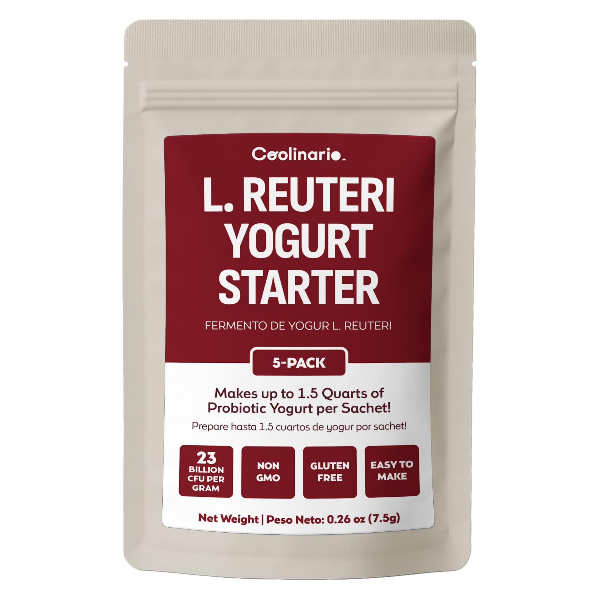 Coolinario L Reuteri Yogurt Starter (5-Pack, 1.5g Sachets) Yoghurt Starter Culture with Lactobacillus Reuteri Probiotics | Creamy & Delicious | Non-GMO, No Preservatives, Gluten Free