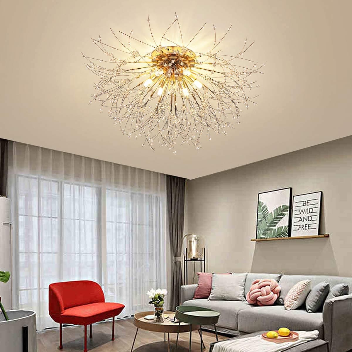 Garwarm Firework Chandeliers, 6-Lights Sputnik Ceiling Lamp Modern Semi Flush Mount Crystal Ceiling Lighting 62cm LED Ceiling Light Fixtures for Living Room Dining Room Gold,4000K（ Bulbs are Included）