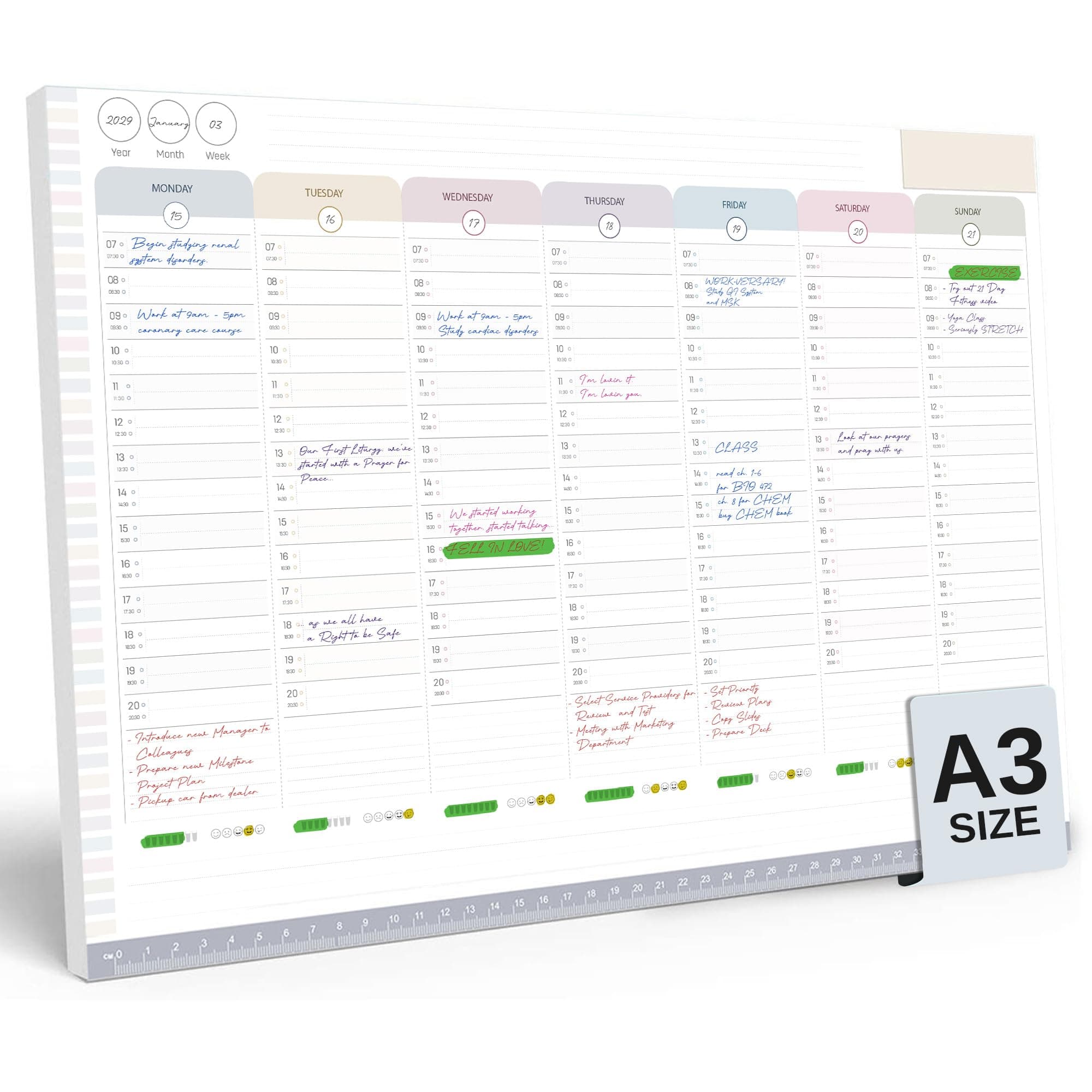 A3 Large Weekly Planner Pad – 7am to 8pm Timeslots for Precise Planning - To Do List Notepad Organiser – Day and Weekly Desk Planner for Productivity – 40 Thick Sheets, 30x40cm