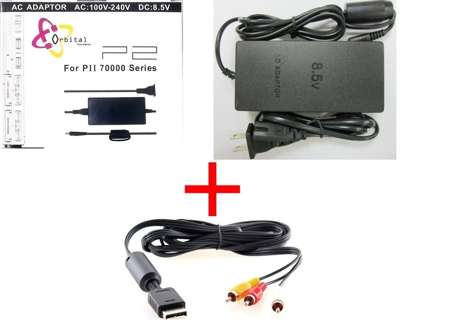 AC Power Adapter and AV Cable for PS2, Compatible with PlayStation 2, PS2 Slim, A/C 70000 Console Replacement Set