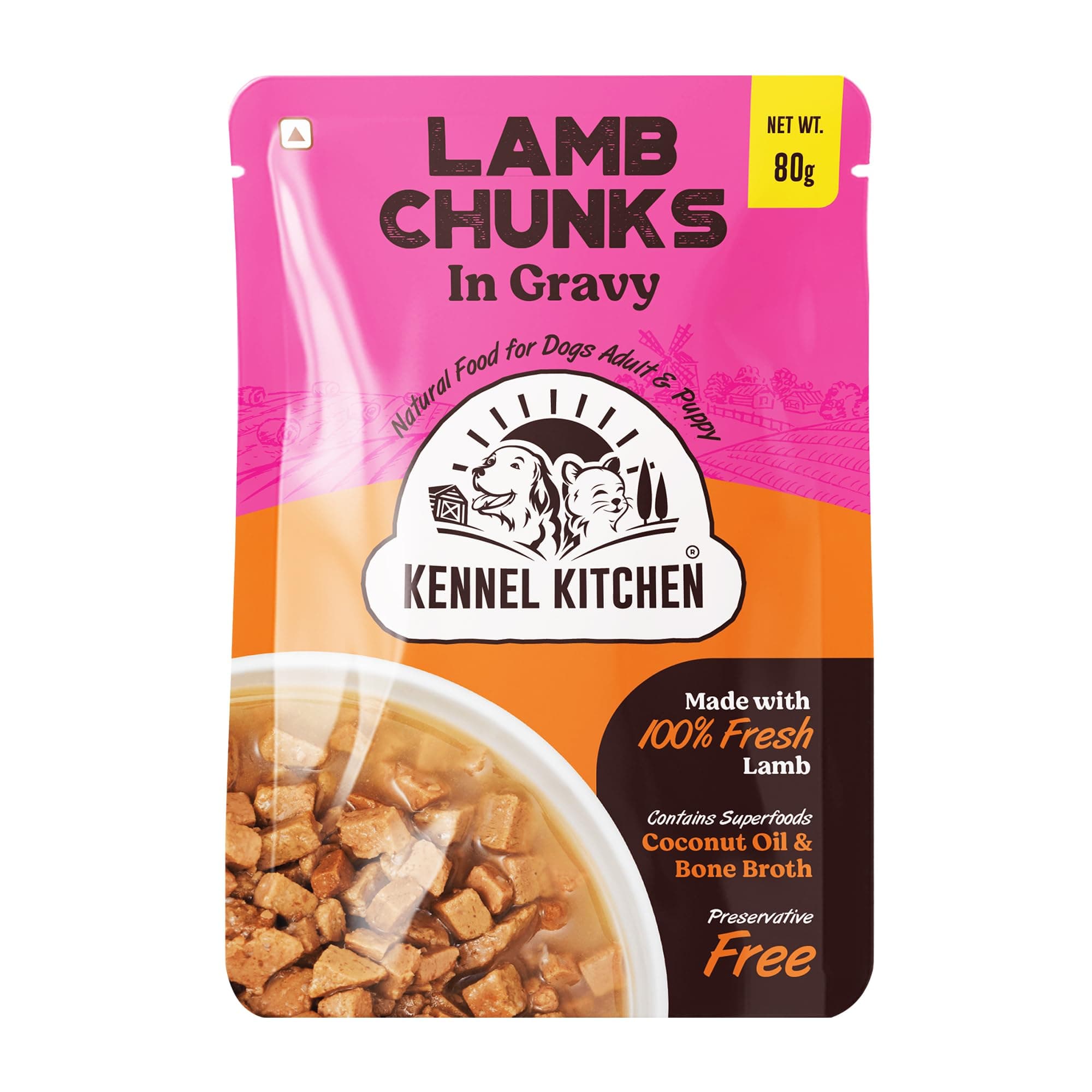 Kennel Kitchen Lamb Chunks in Gravy, 80g (Pack of 12) | Wet Dog Food for Adult & Puppy | Dog Food Gravy with Regionally Sourced Fresh Lamb | Free from Artificial Colours & Preservatives