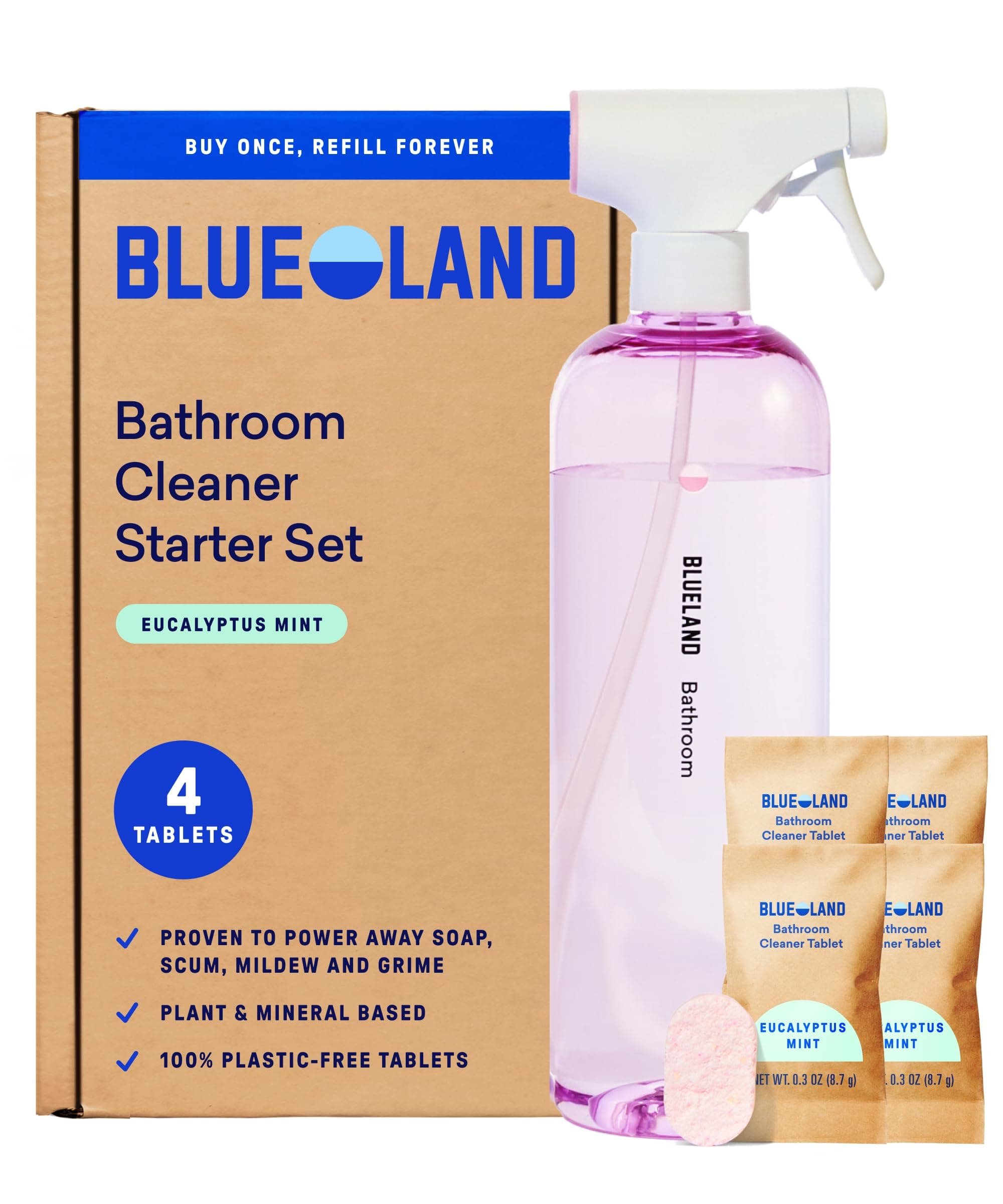 BLUELAND Bathroom Cleaner, Starter Set, Eucalyptus Mint Scent, Spray Bottle with 4 Refill Tablets, Eco-Friendly Cleaning Supplies, 4 x 24 Fl oz