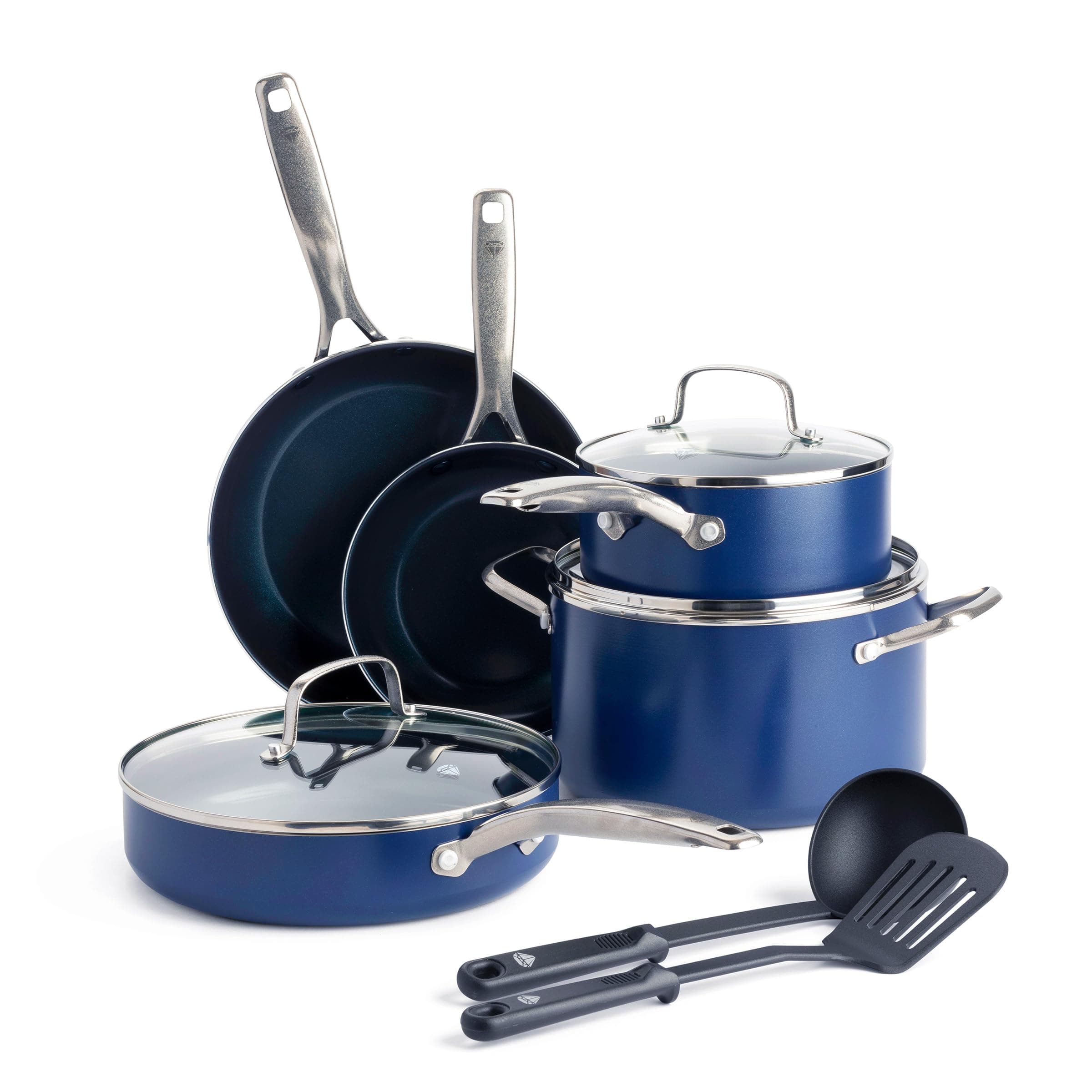 Blue Diamond 10 Piece Nonstick Cookware Set, Diamond Ceramic Pots & Pans, Dishwasher & Metal Utensil Safe, Non Toxic PFAS-Free, Kitchen Cooking Sauce & Saute Pans, Oven & Broiler to 600F, Blue