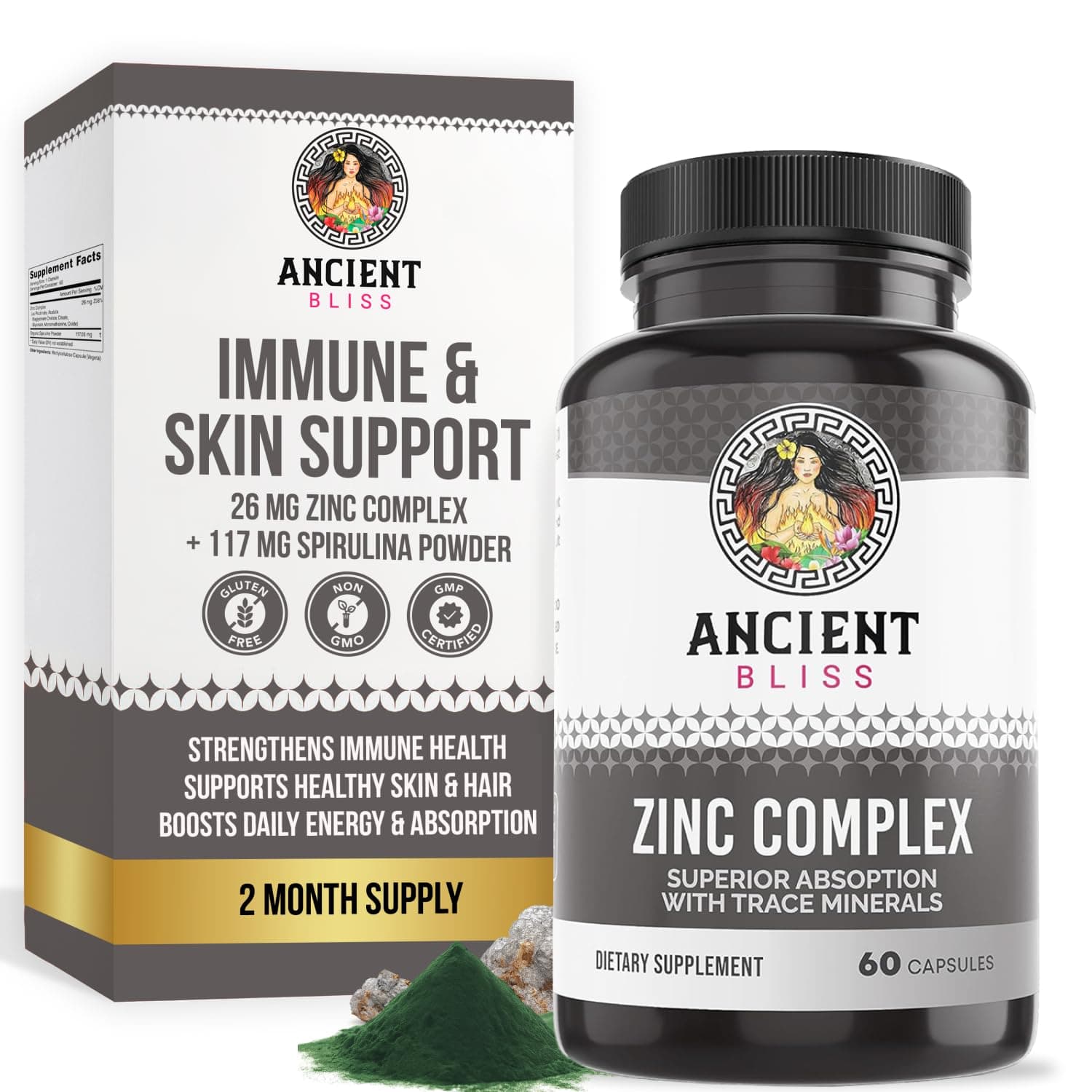 Zinc Complex Capsules with Enhanced Absorption, Antioxidant & Immune Support Supplement, Zinc Supplement for Men & Women by Ancient Bliss (60 Capsules)