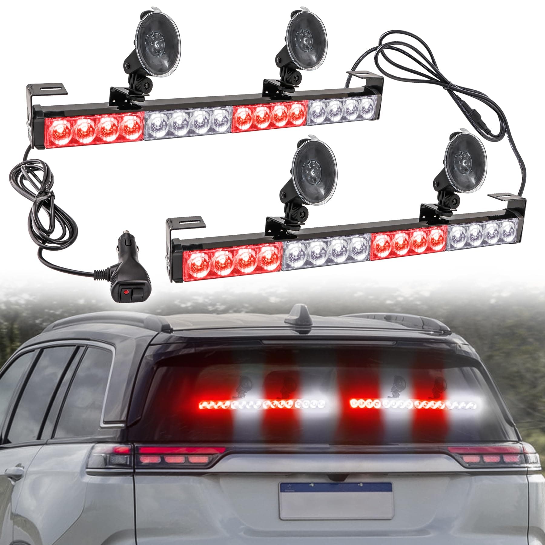 LE-JXRed/White 2 in 1 Emergency Strobe Light Bar 21 Flash Patterns Traffic Advisor Warning Hazard Windshield Safety Lights Bar with Cigar Lighter for Police Vehicles, Truck (2×16.8 inch, 32 Led)