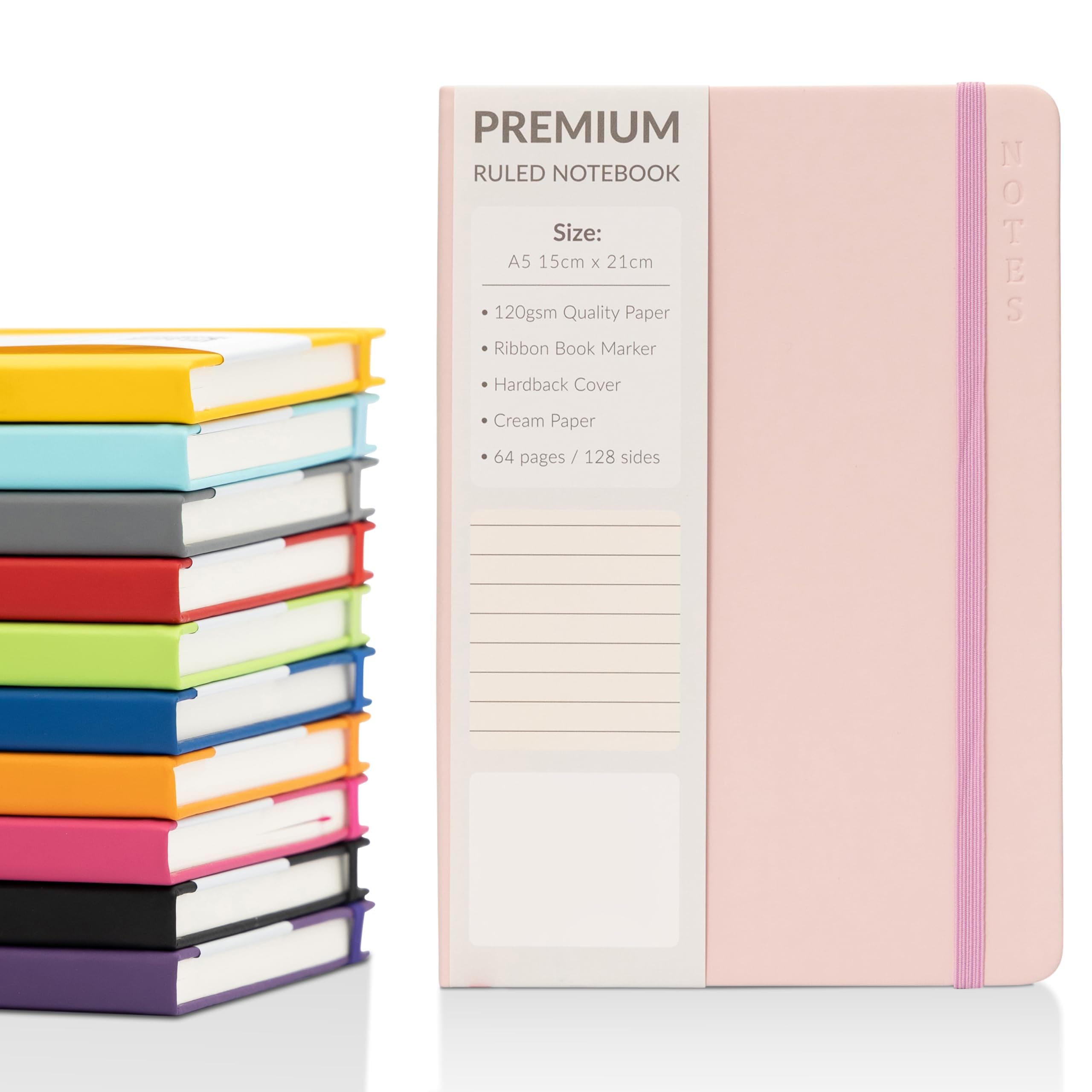 evelay A5 Notebook Ruled Lined Journal with Faux Leather Hardback Cover and Premium 120gsm Thick Paper (128 Cream Pages, Baby Pink)