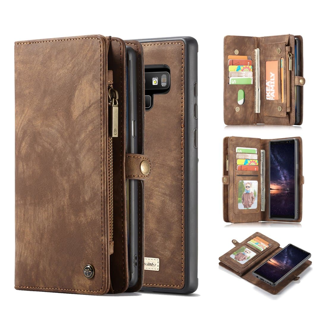 Note 9 Wallet Case,AKHVRS Handmade Premium Cowhide Leather Wallet Case,Zipper Wallet Case [Magnetic Closure]Detachable Magnetic Case & Card Slots for Samsung Galaxy Note 9 - Brown