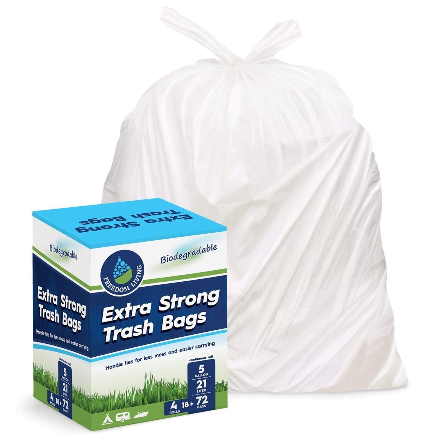 Biodegradable Trash Bags 5 Gallon 4 Roll 72 Count Heavy Duty White Bags with Handle Ties for Garbage in Kitchen, Yard, Lawn, Contractor, Janitorial or Office