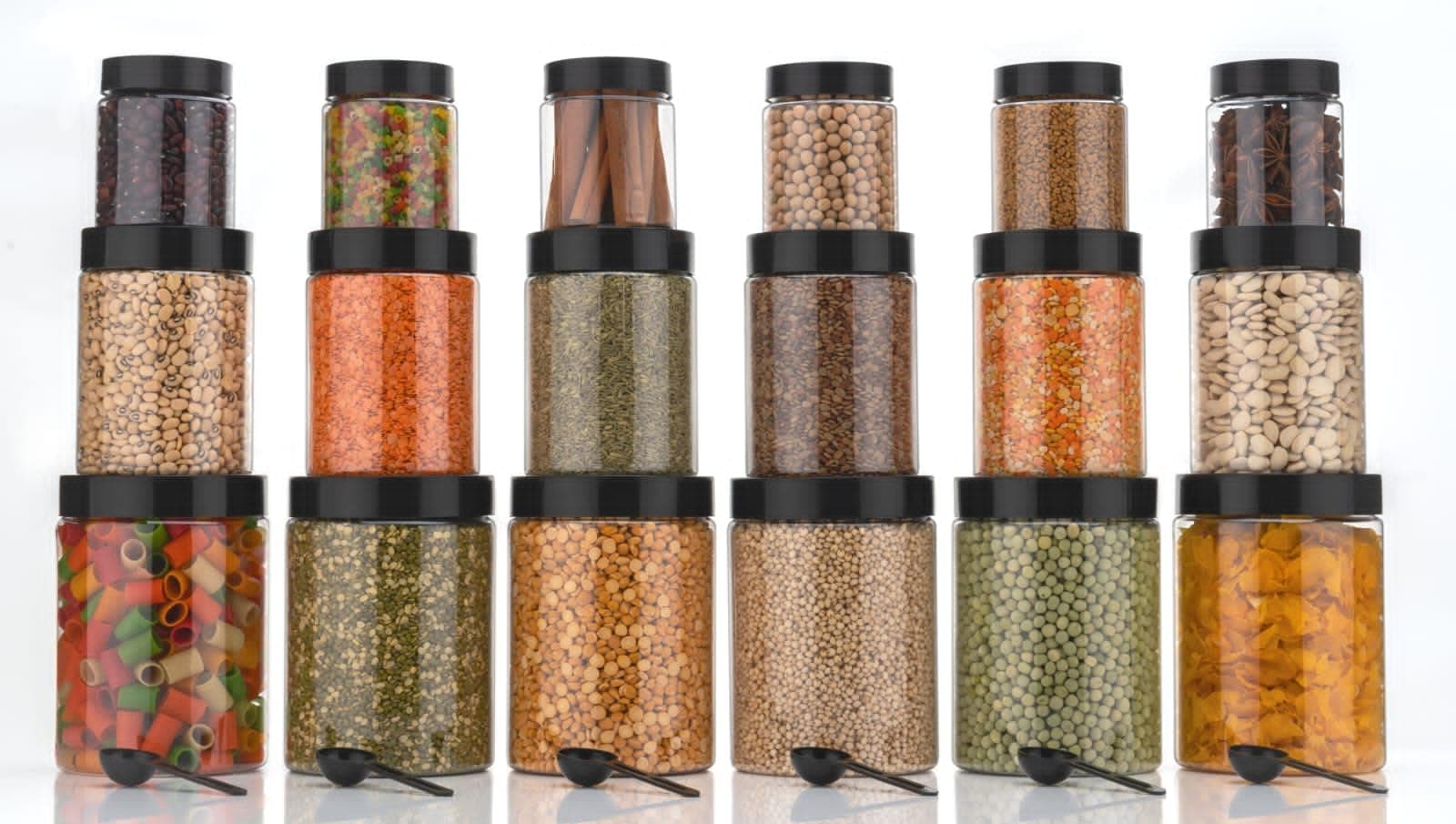 HAPPI Multipurpose Unbreakable Plastic Transparent Airtight Container Set Masala Box For Kitchen Storage Box Dabba For Spice, Pack of 18 (6 Pcs of Each 250ml, 650ml, 1200ml with 18 Spoons)