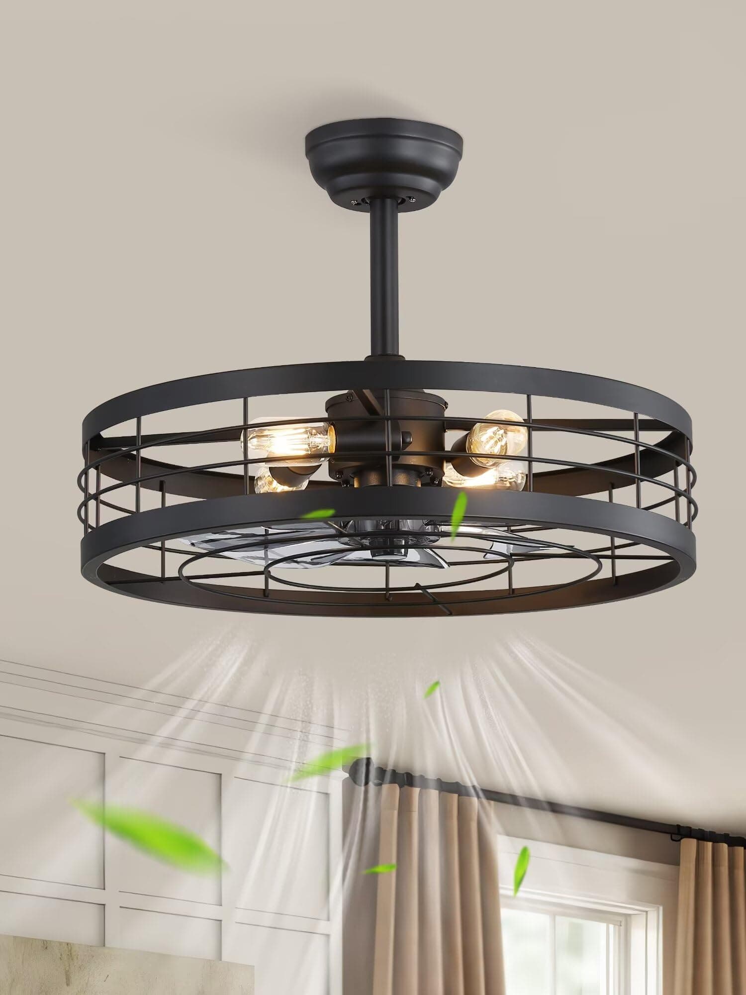 22 inch Black Caged Ceiling Fan with Light, Bladeless Industrial Ceiling Fan with Remote, Farmhouse Fan Lights Ceiling Fixtures for Kitchen, Bedroom, Outdoor(6 Speed, Timing)-Black